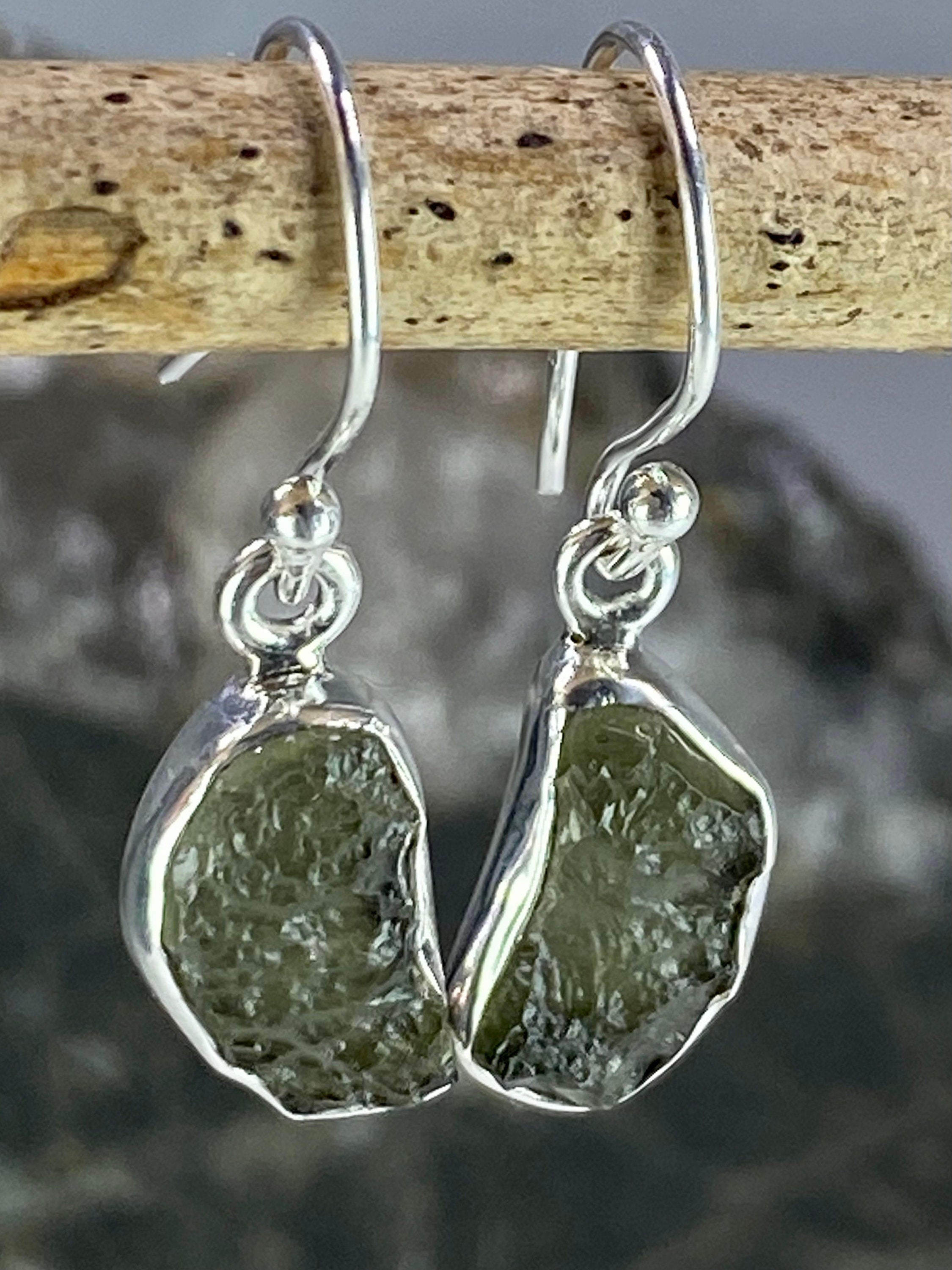Natural Moldavite and Silver Dangle Earrings (UV8)