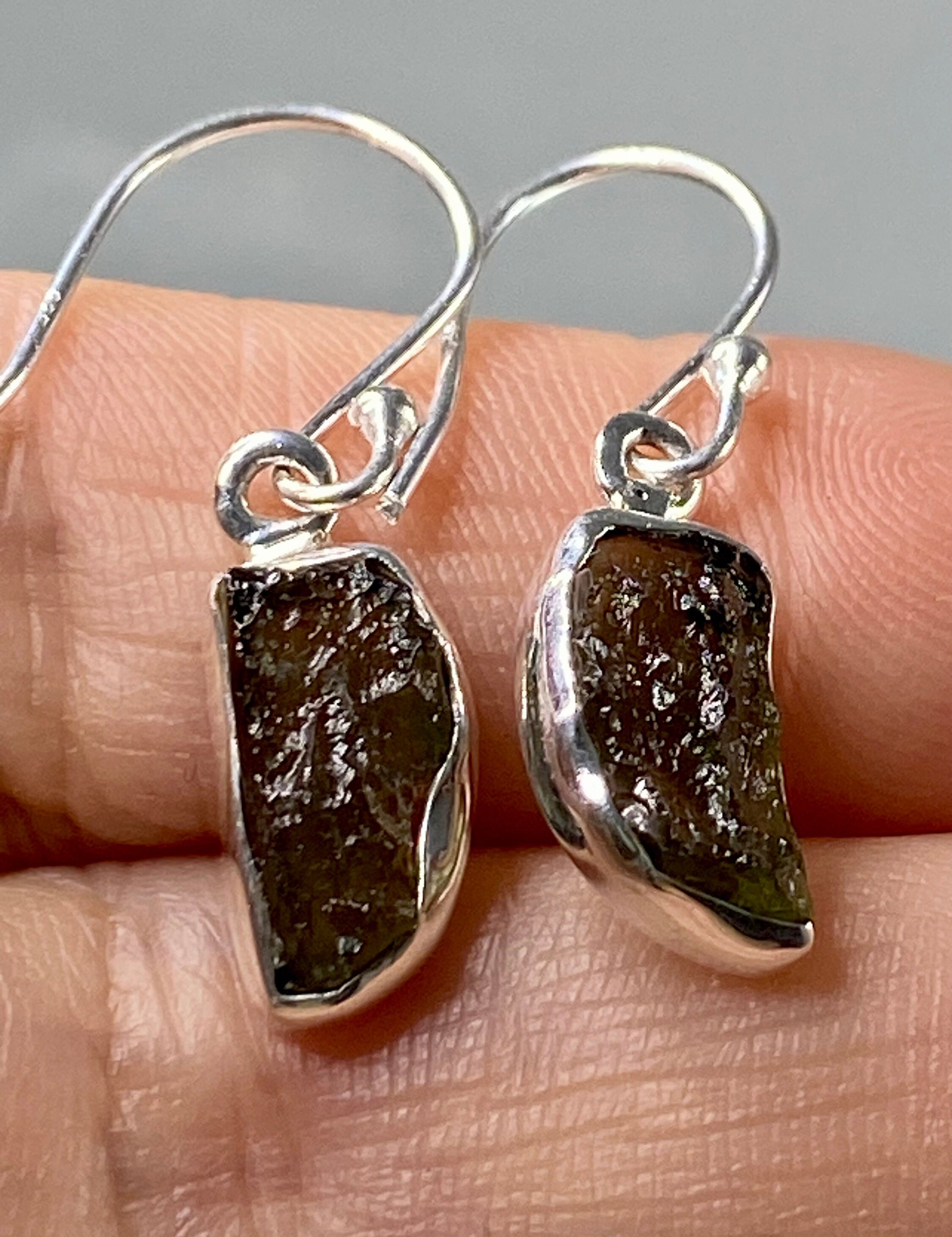 Natural Moldavite and Silver Dangle Earrings (UV25)