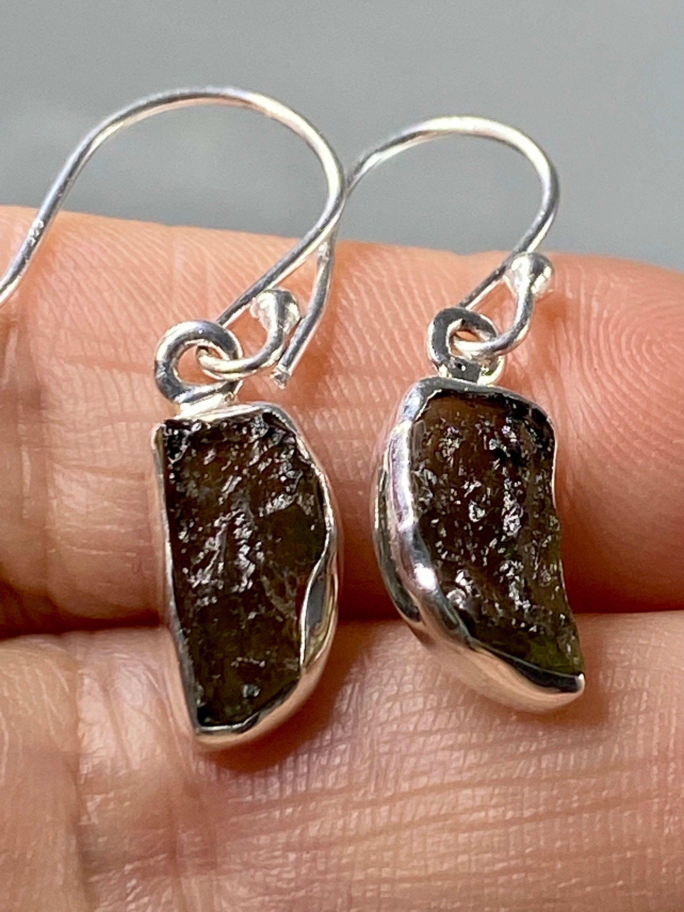 Natural Moldavite and Silver Dangle Earrings (UV25)