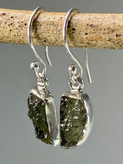 Natural Moldavite and Silver Dangle Earrings (UV25)