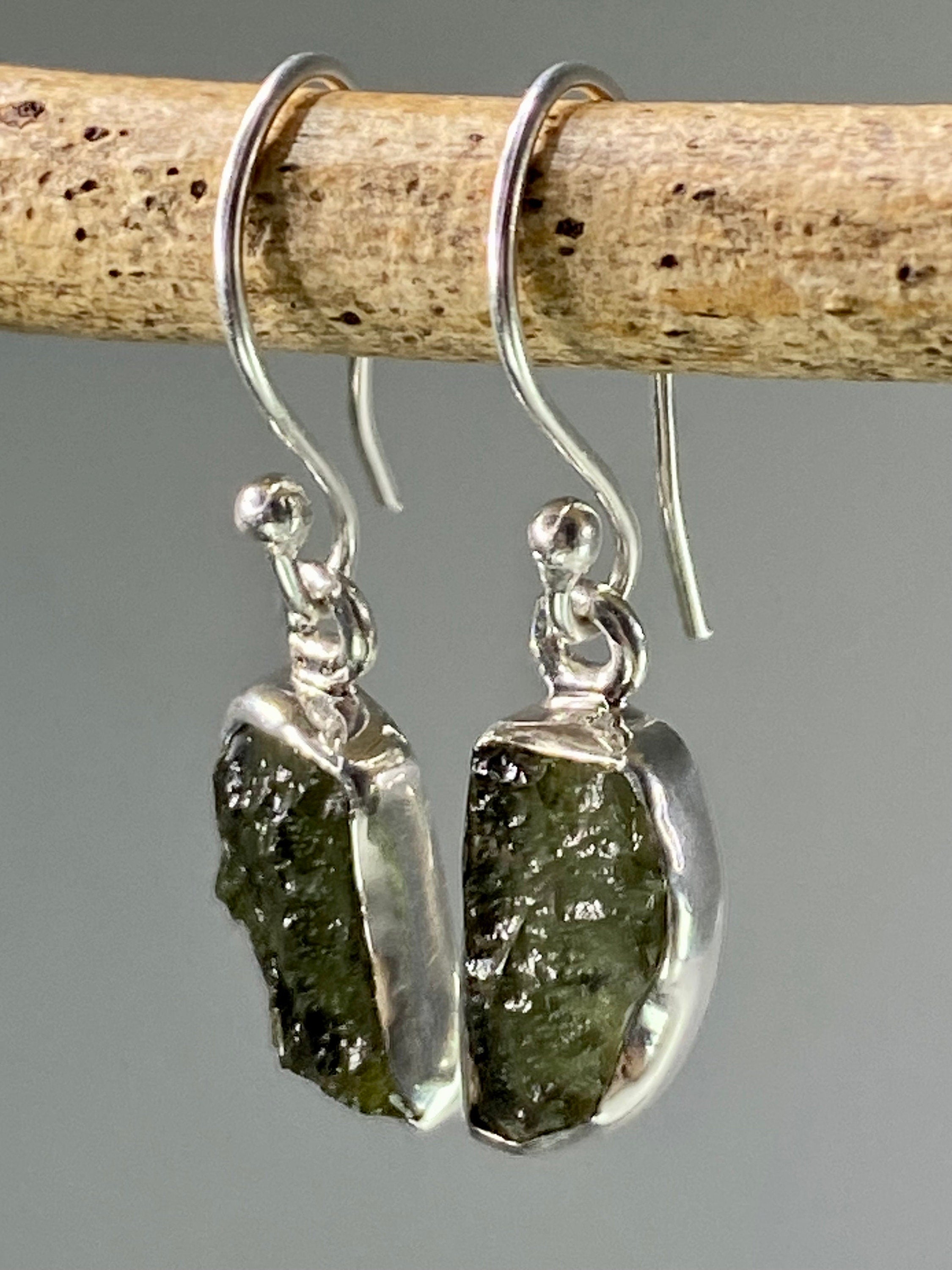 Natural Moldavite and Silver Dangle Earrings (UV25)