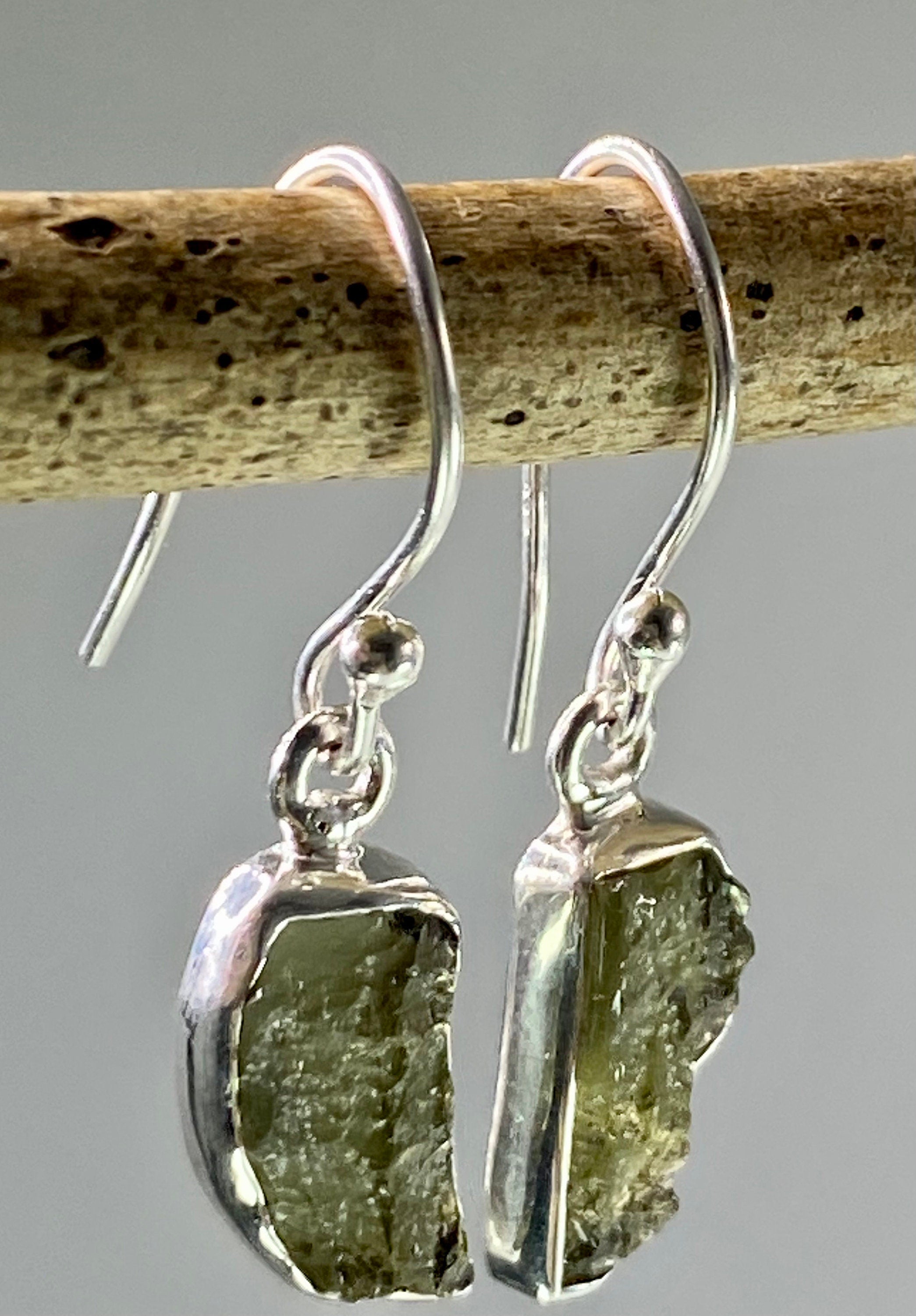 Natural Moldavite and Silver Dangle Earrings (UV25)