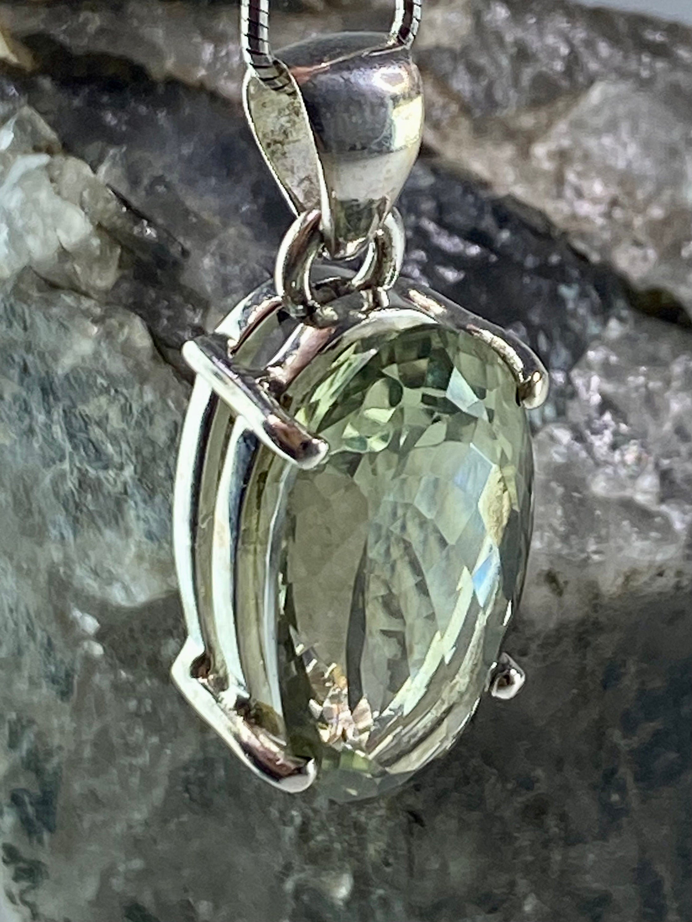 A Large Green Amethyst (Prasiolite ) and Silver Pendant Including the Chain