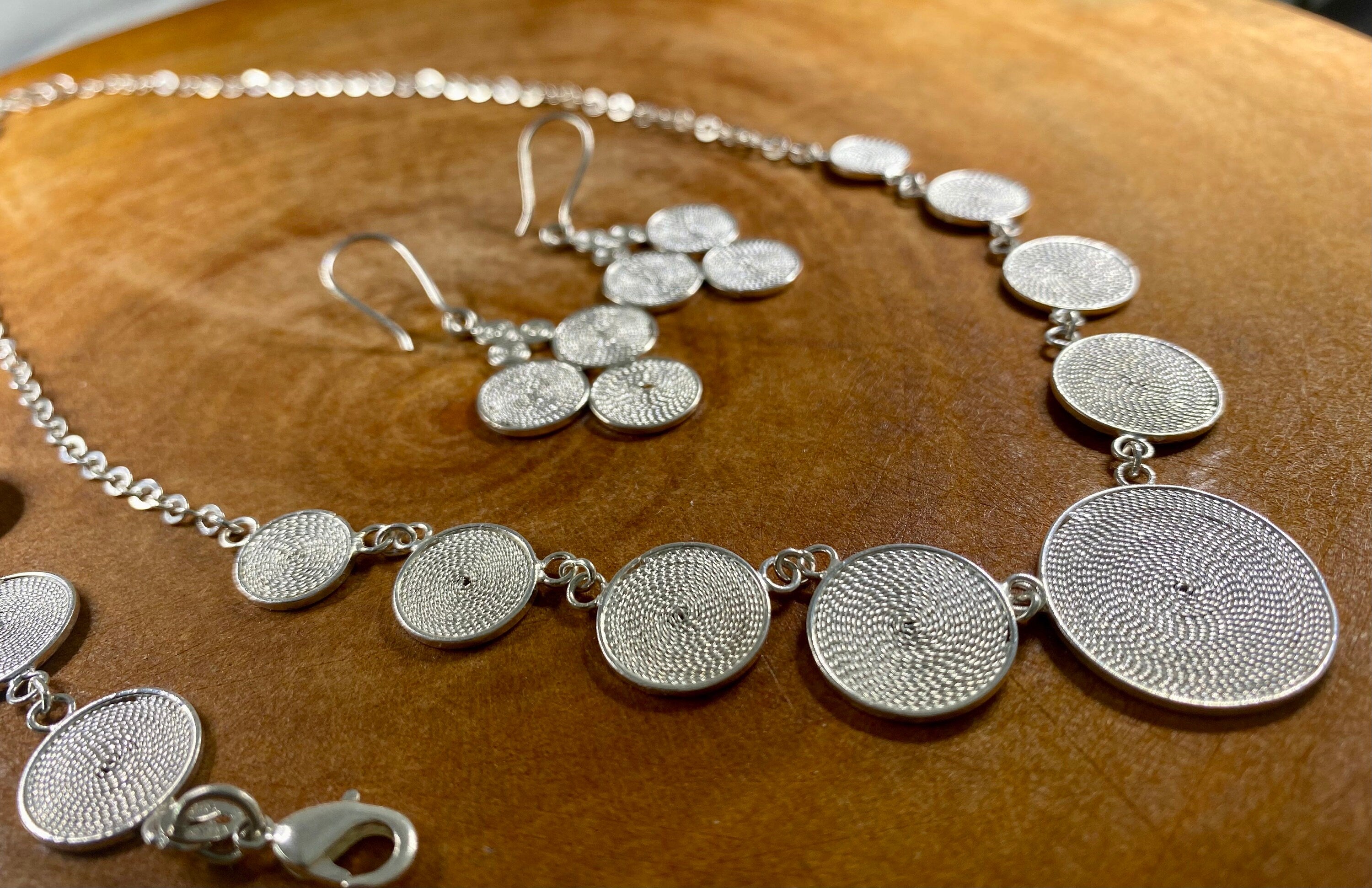 An Original Fine Silver Disk Spiral Necklace, Earrings, Bracelet