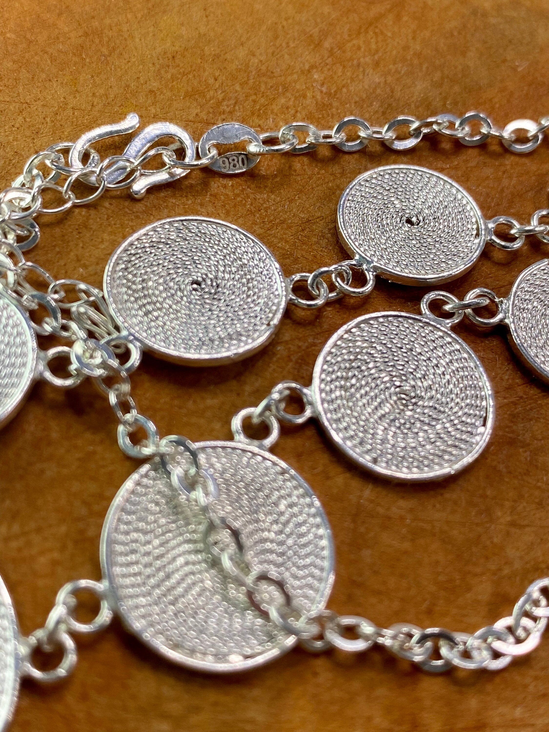 An Original Fine Silver Disk Spiral Necklace, Earrings, Bracelet