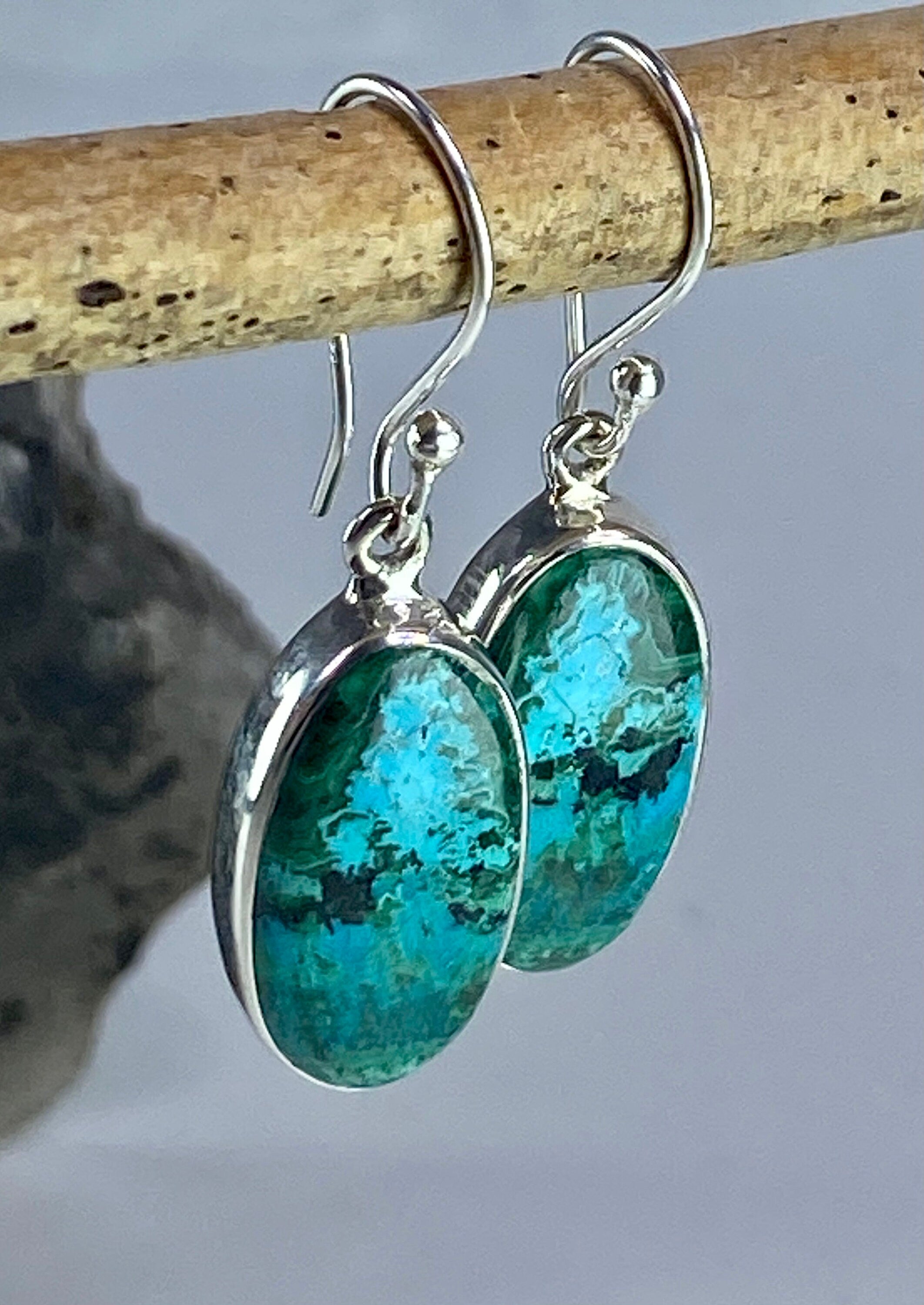 Natural Malachite in Chrysocolla Silver Earrings(UV768)