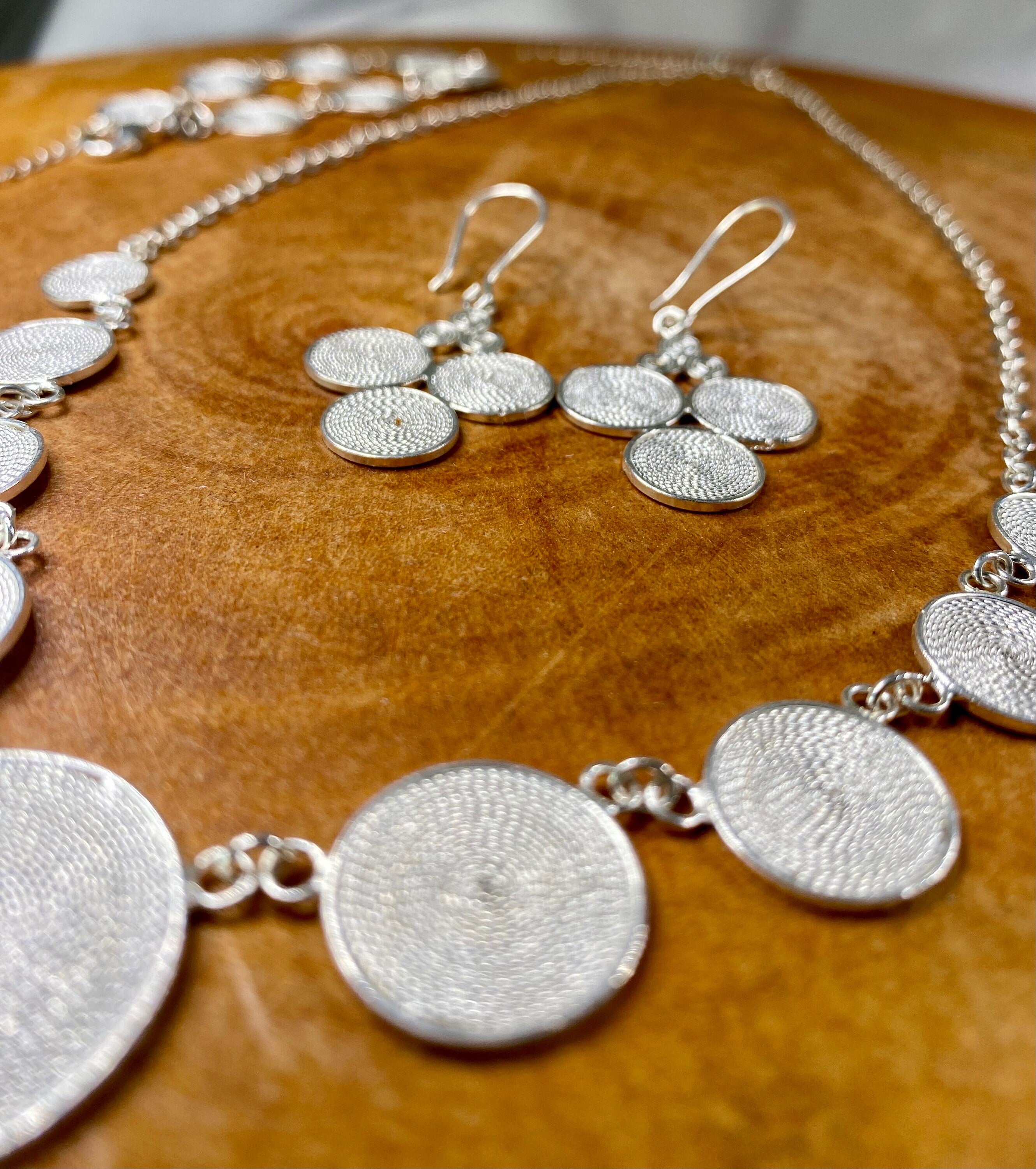 An Original Fine Silver Disk Spiral Necklace, Earrings, Bracelet