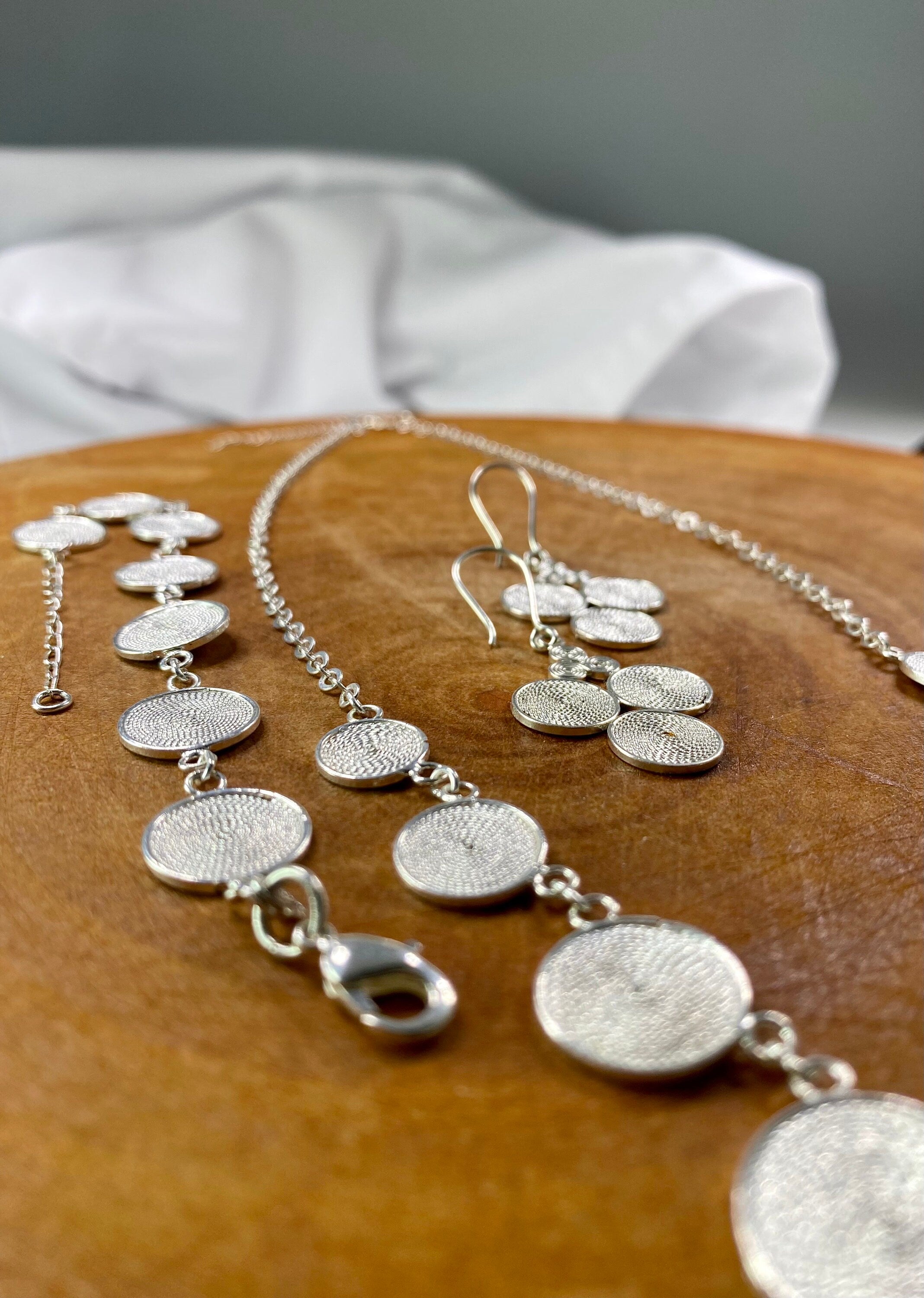 An Original Fine Silver Disk Spiral Necklace, Earrings, Bracelet