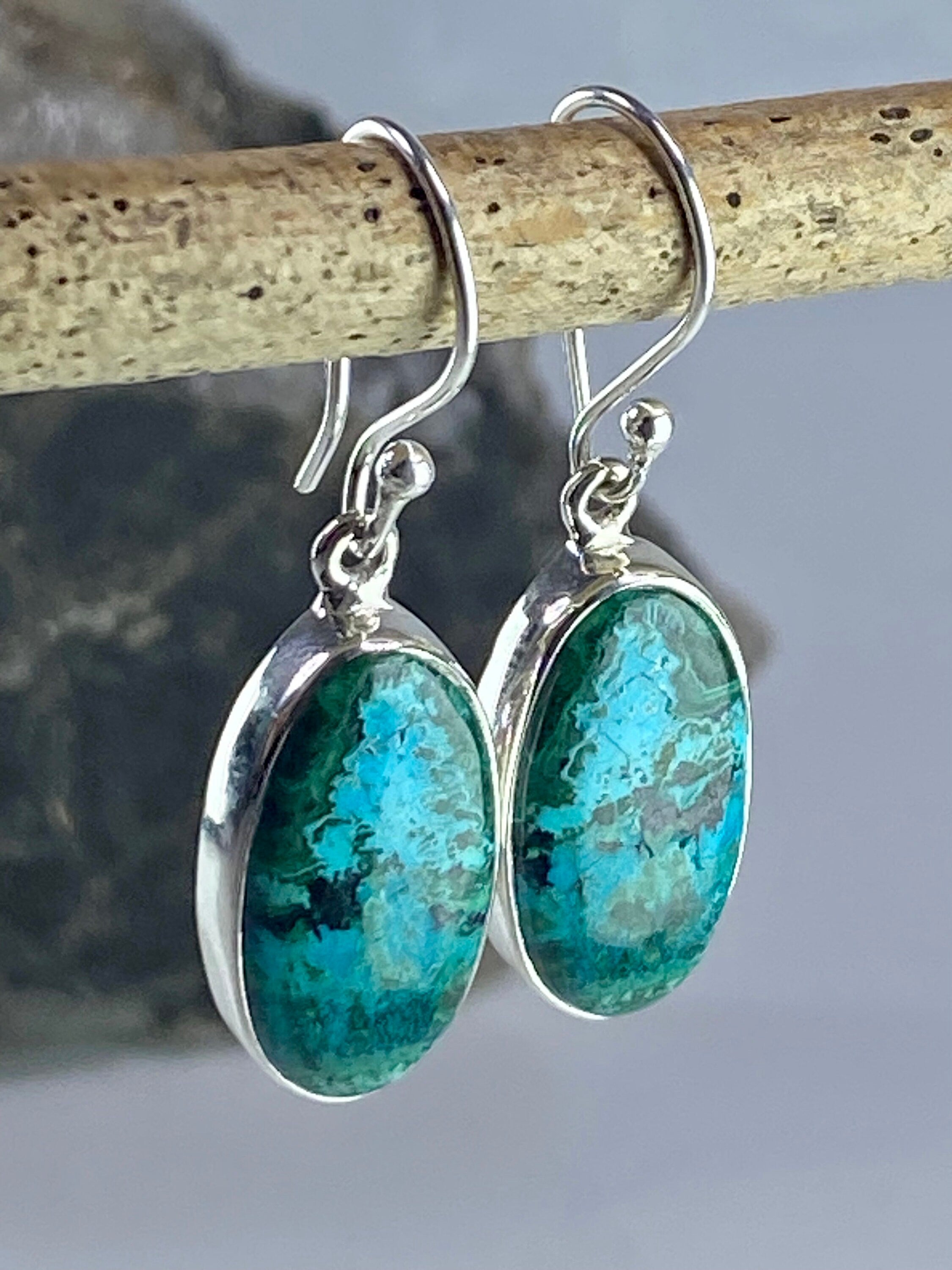 Natural Malachite in Chrysocolla Silver Earrings(UV768)