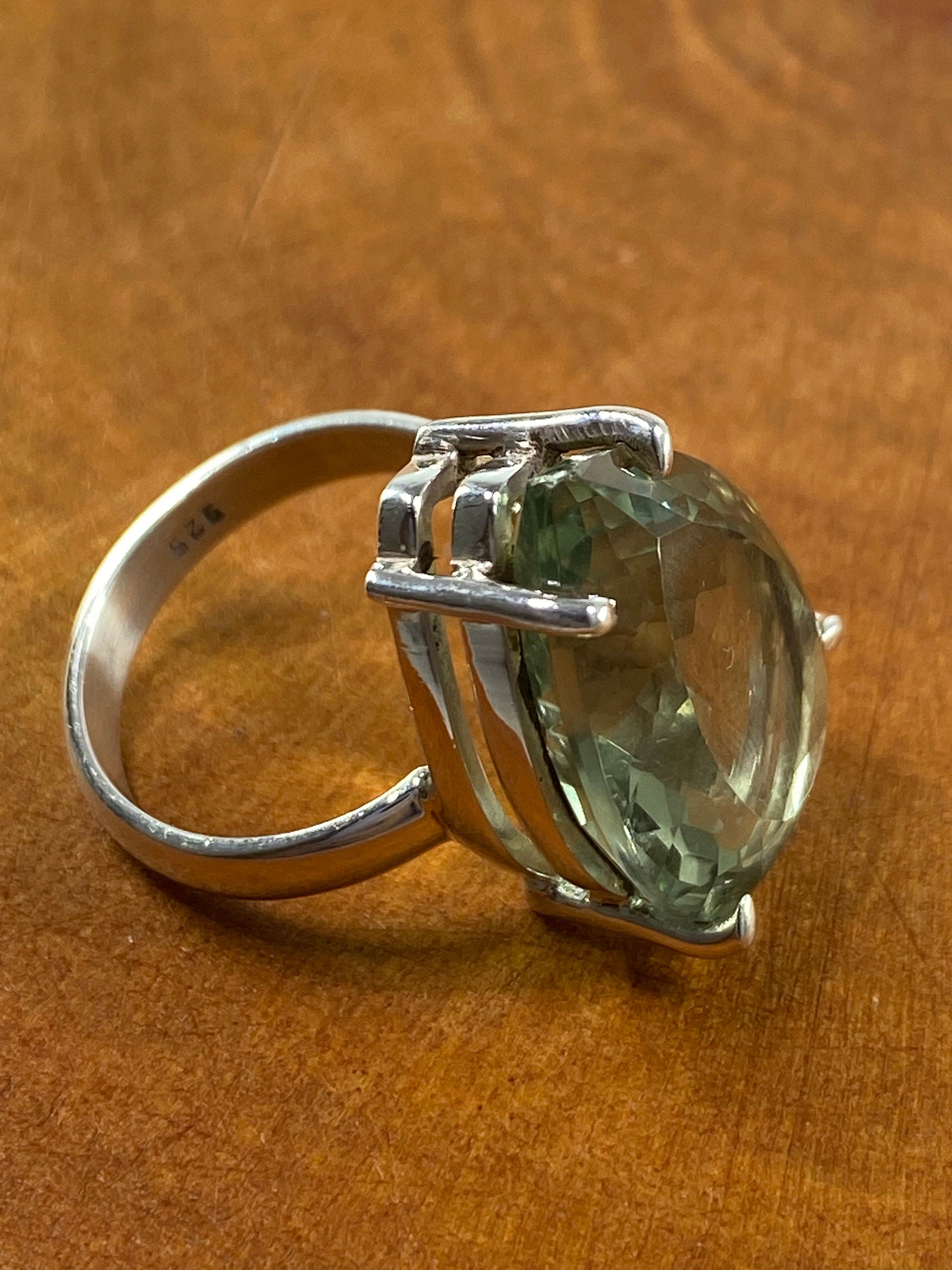 A Large Green Amethyst (Prasiolite ) and Silver Ring