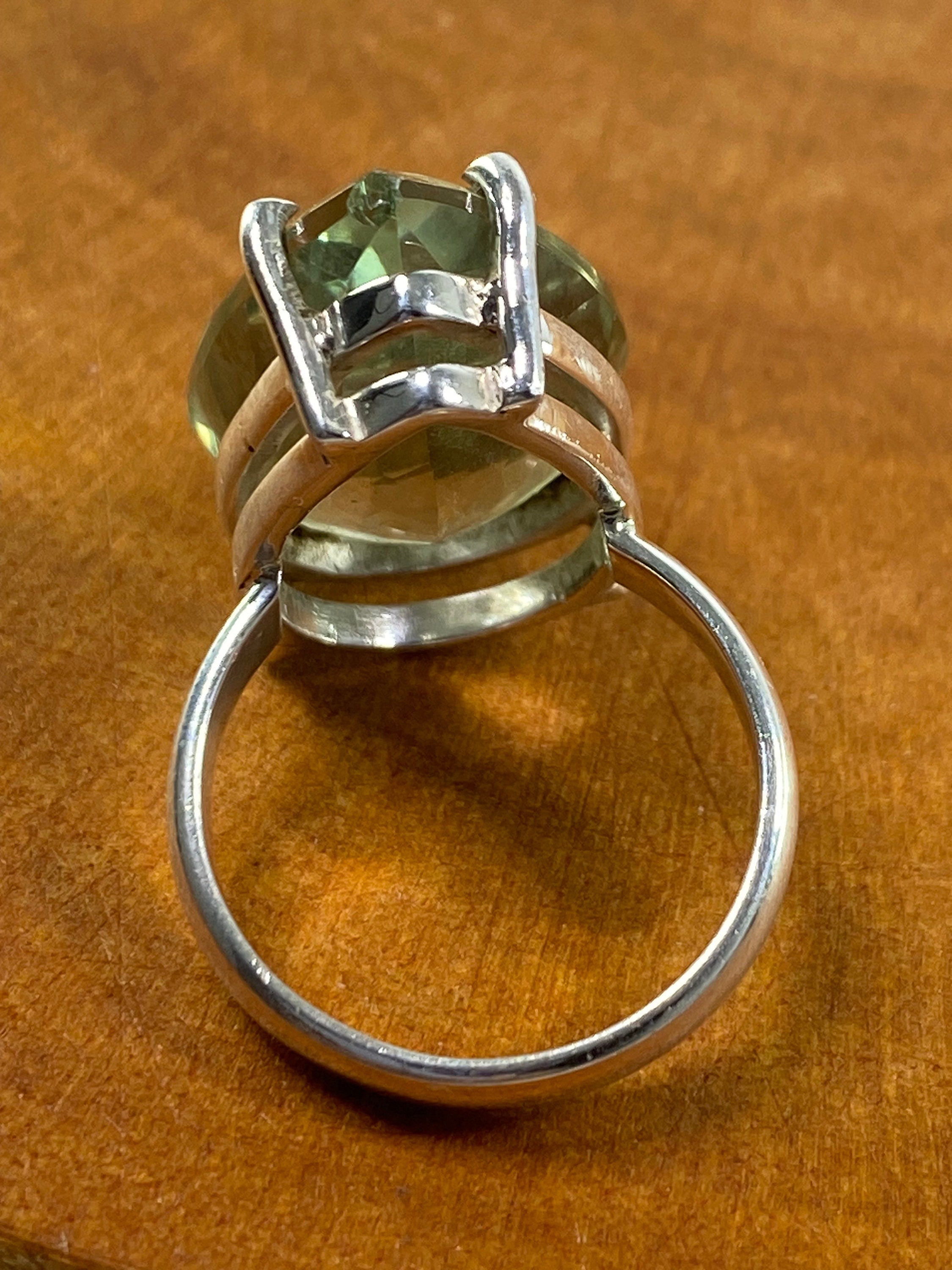 A Large Green Amethyst (Prasiolite ) and Silver Ring