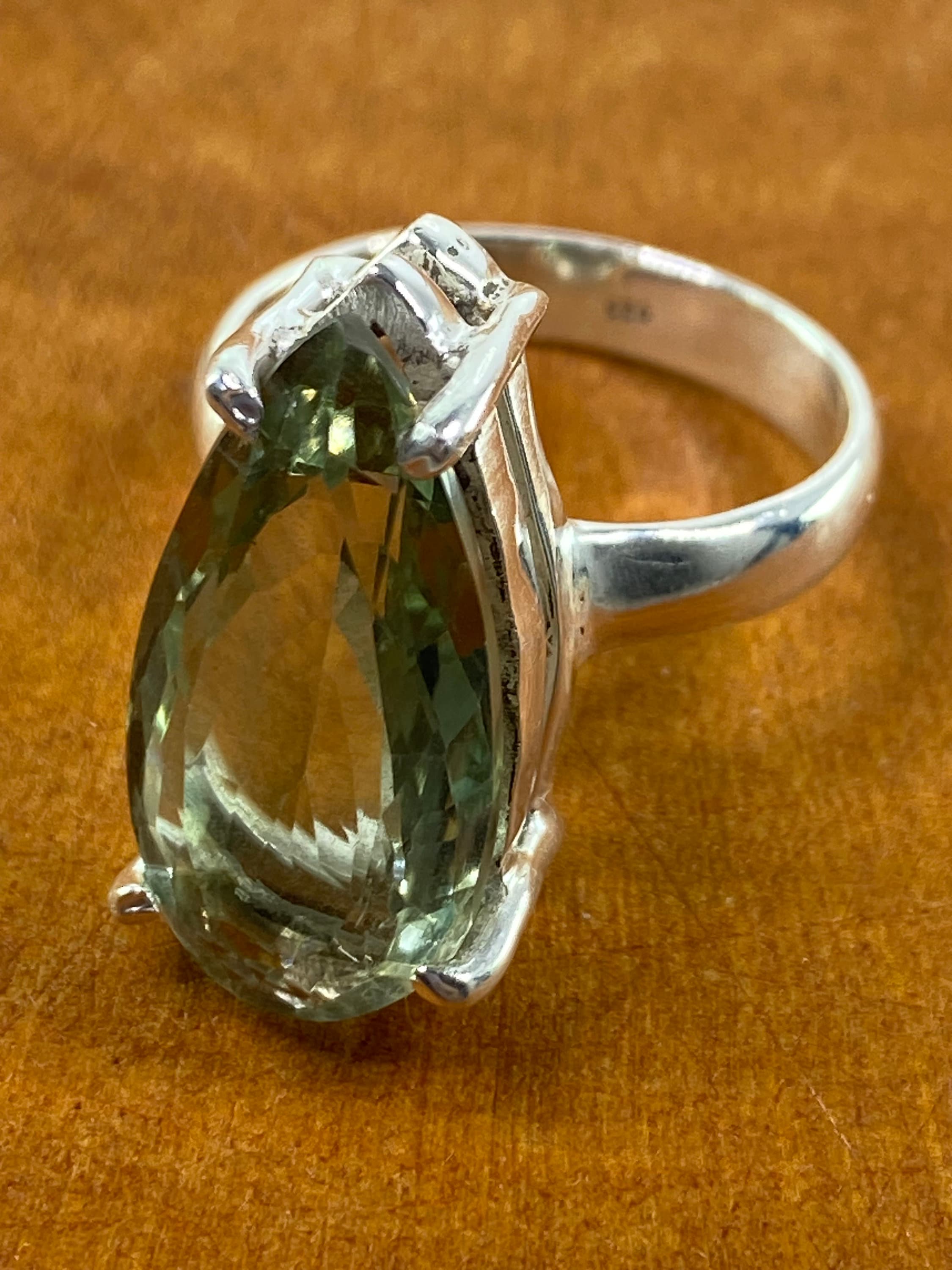 A Large Green Amethyst (Prasiolite ) and Silver Ring