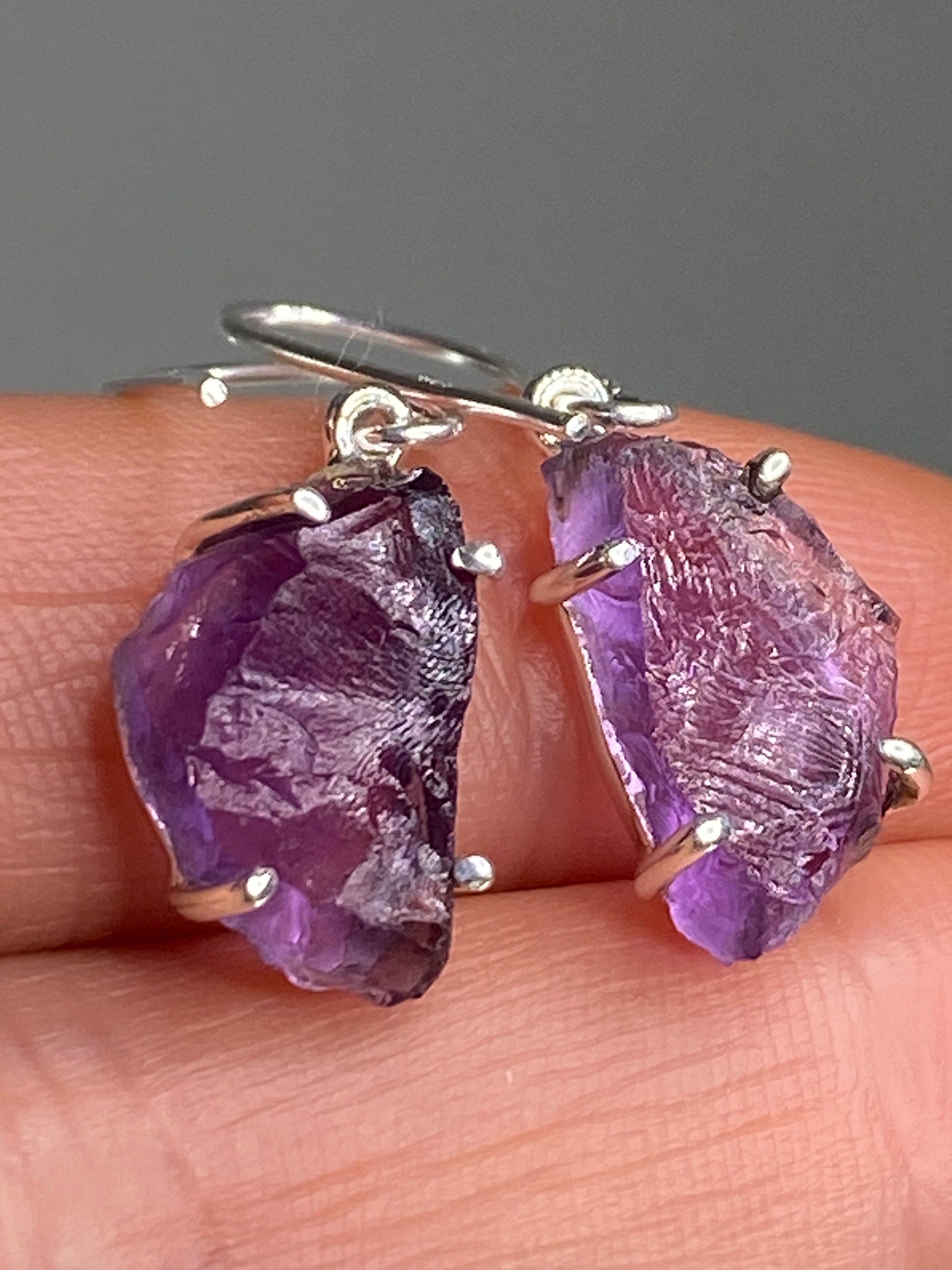 Rough Purple Amethyst and Sterling Silver Drop Earrings (UV290)