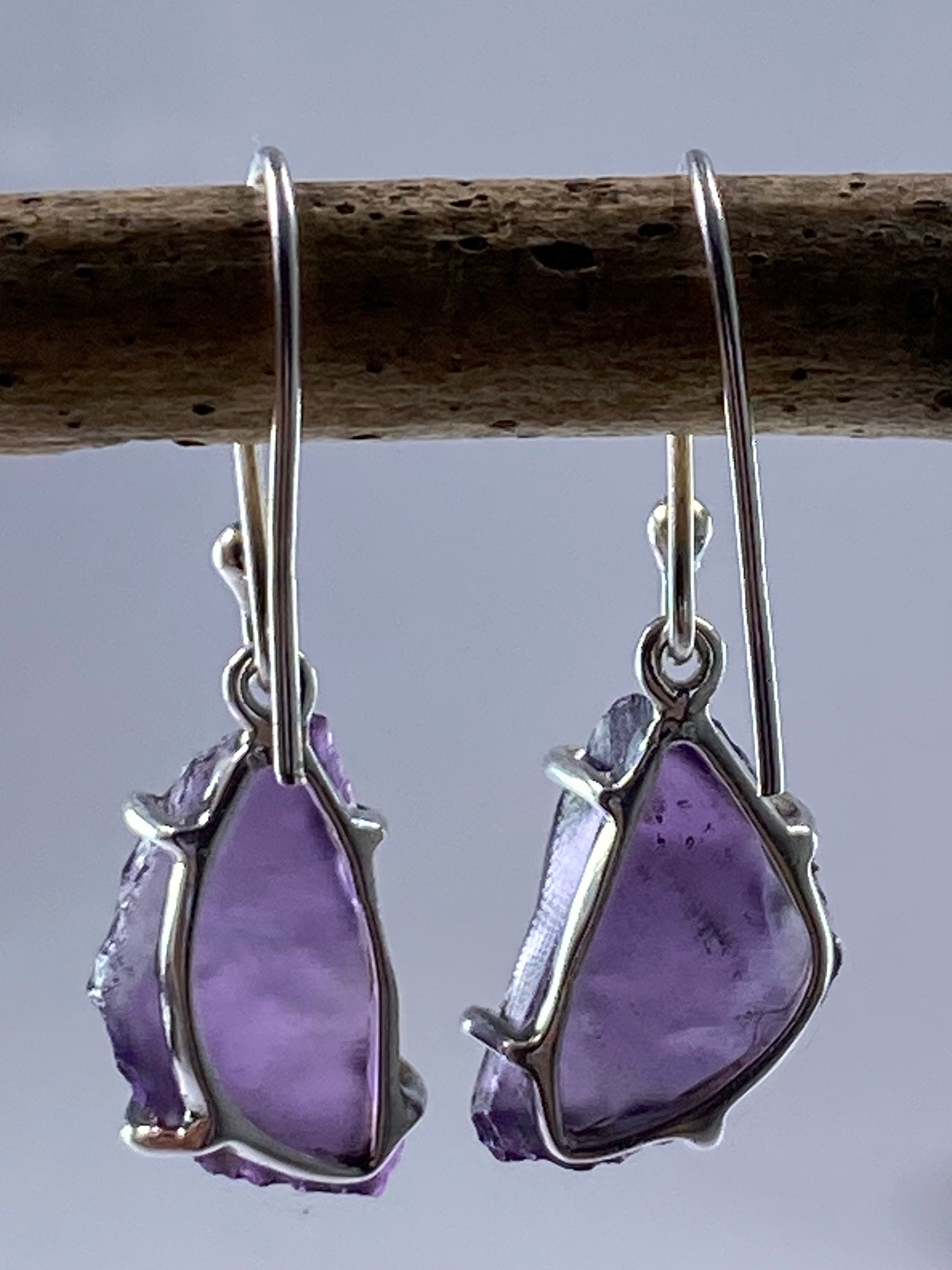 Rough Purple Amethyst and Sterling Silver Drop Earrings (UV290)