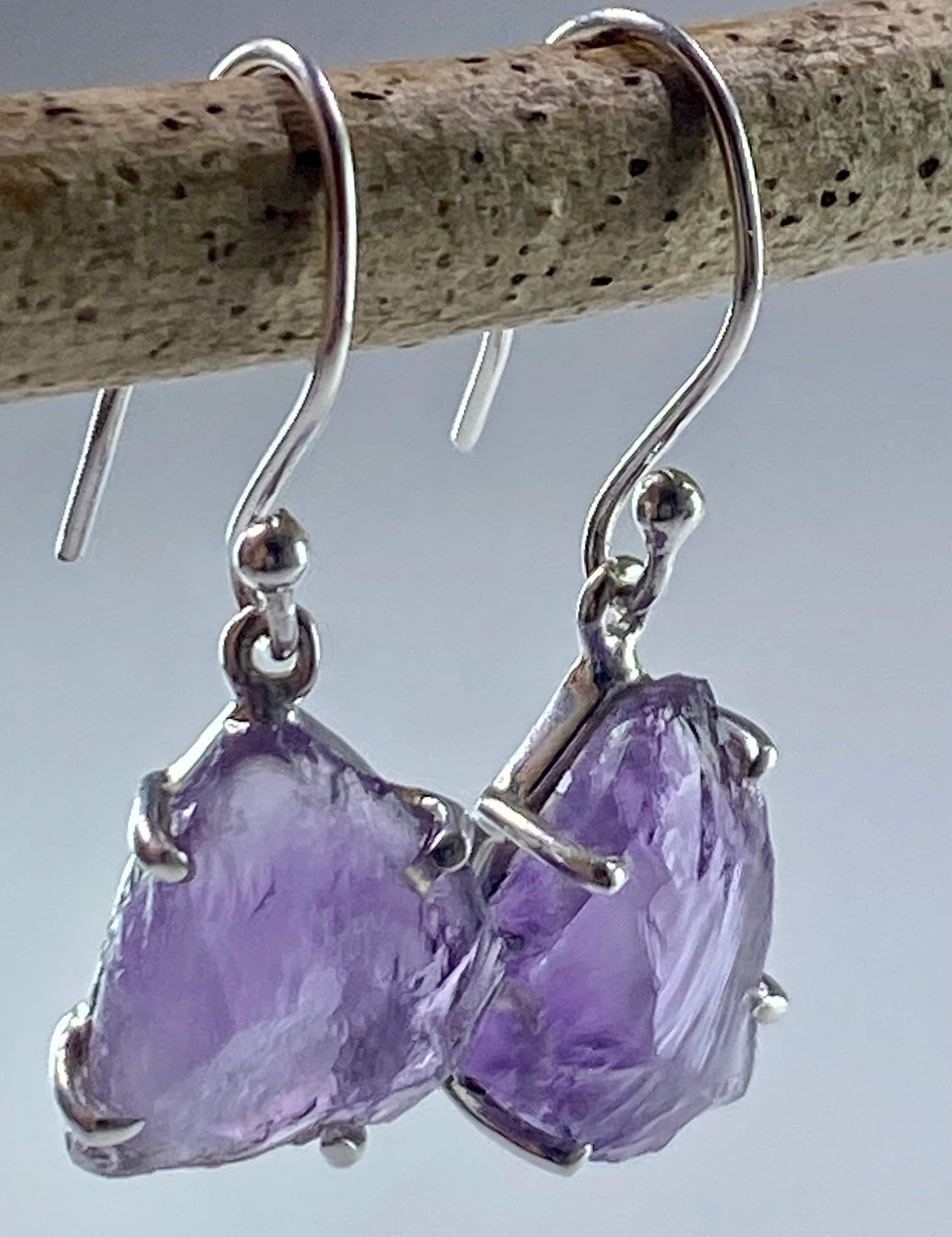 Rough Purple Amethyst and Sterling Silver Drop Earrings (UV292)