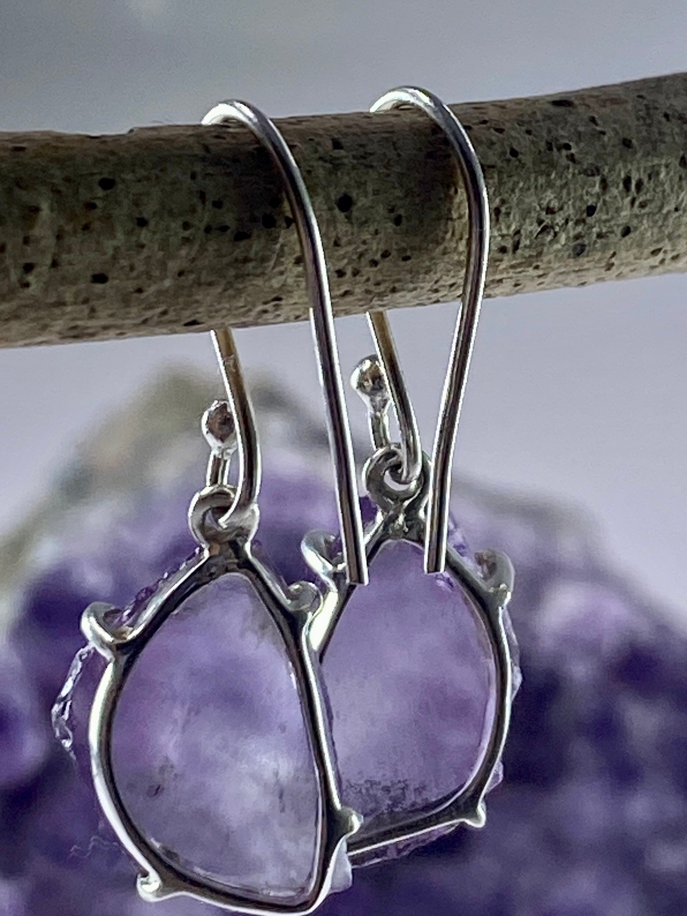 Rough Purple Amethyst and Sterling Silver Drop Earrings (UV292)