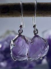 Rough Purple Amethyst and Sterling Silver Drop Earrings (UV292)