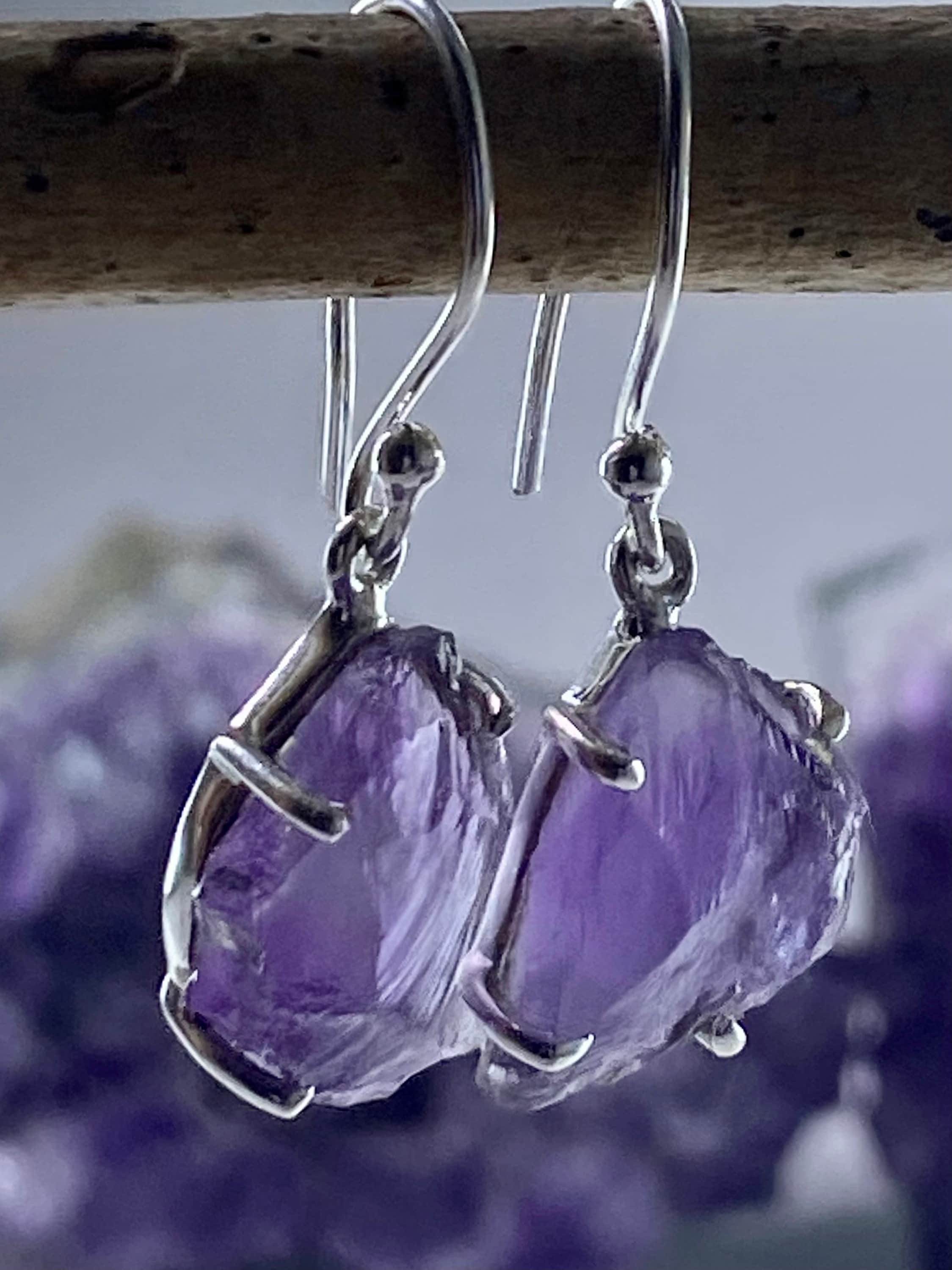 Rough Purple Amethyst and Sterling Silver Drop Earrings (UV292)