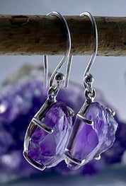 Rough Purple Amethyst and Sterling Silver Drop Earrings (UV292)