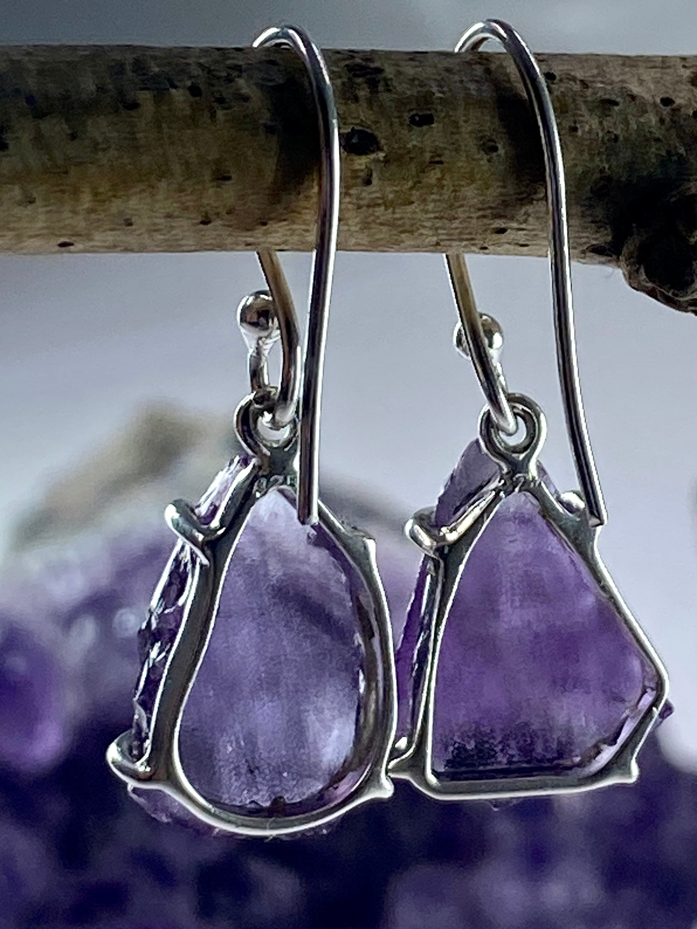 Rough Purple Amethyst and Sterling Silver Drop Earrings (UV288)