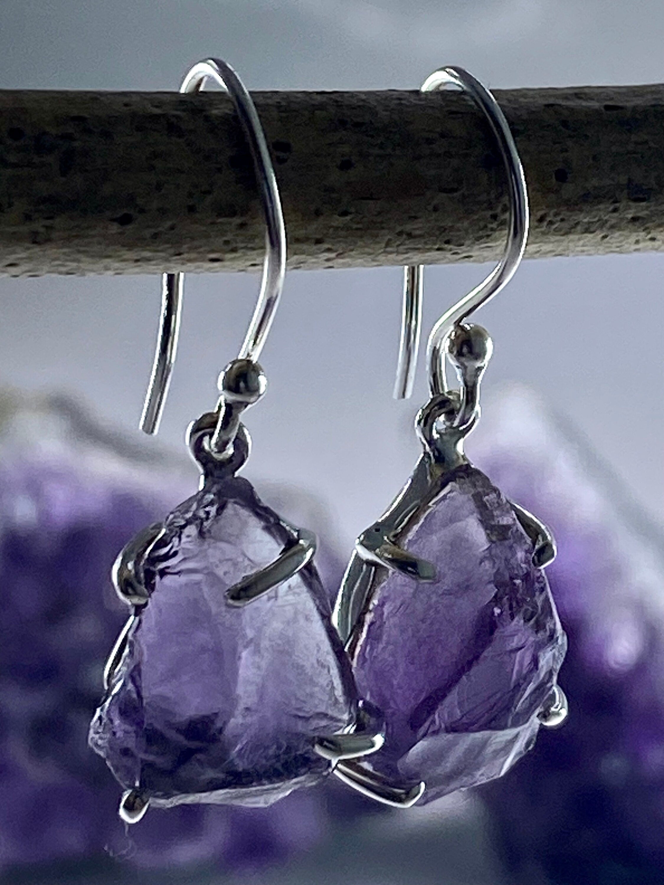 Rough Purple Amethyst and Sterling Silver Drop Earrings (UV288)