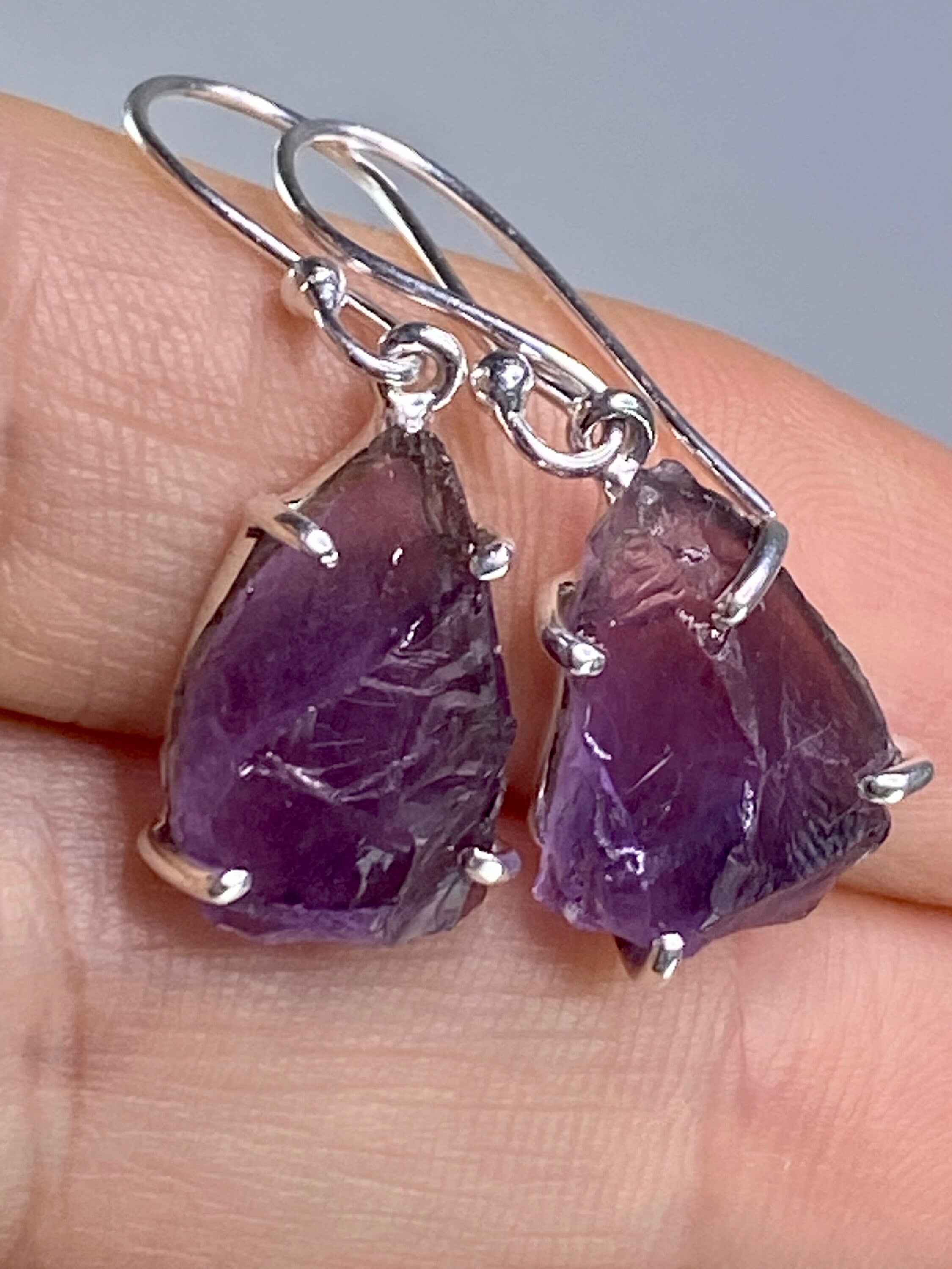 Rough Purple Amethyst and Sterling Silver Drop Earrings (UV288)