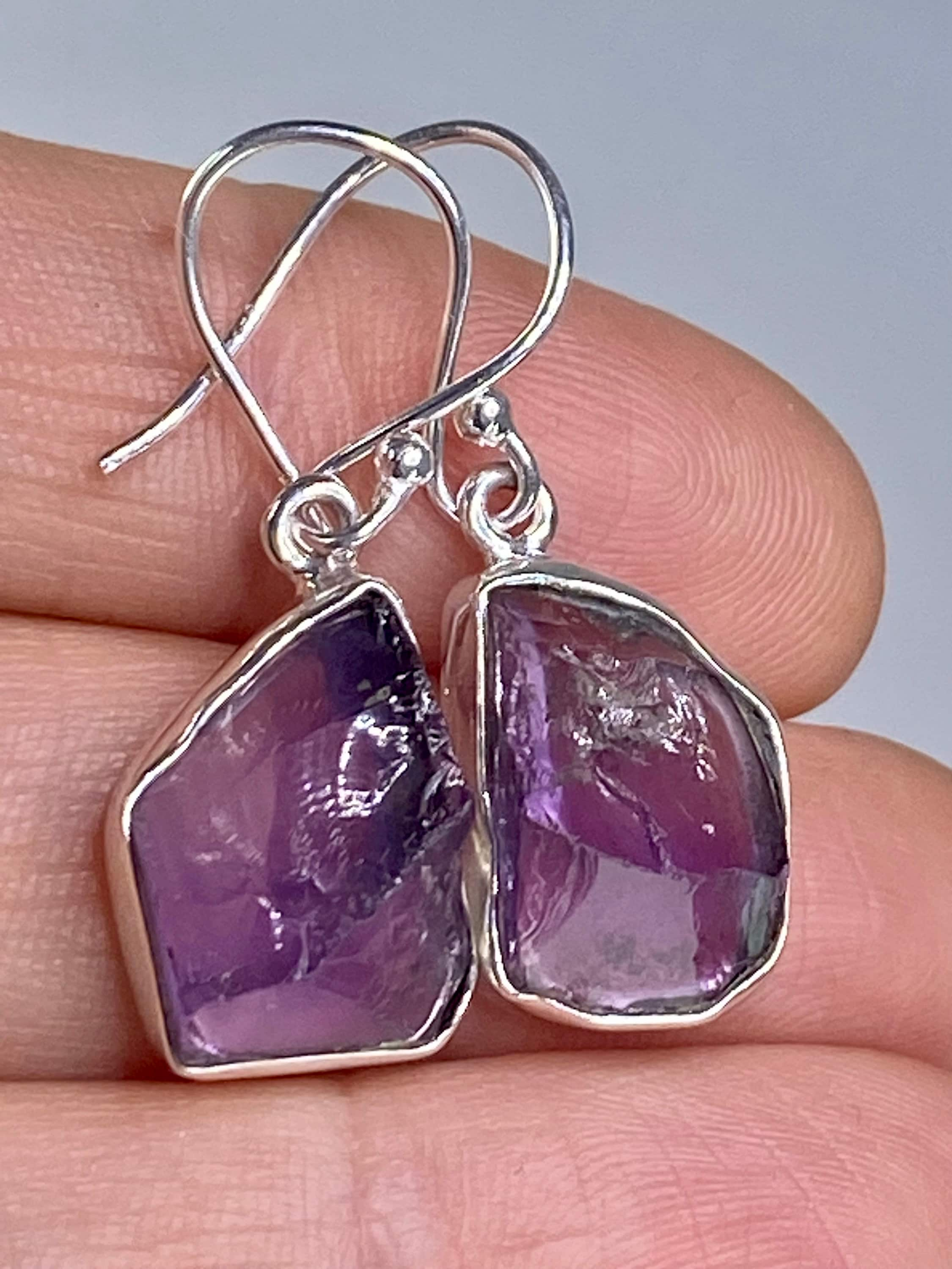 Rough Purple Amethyst and Sterling Silver Drop Earrings (UV288)