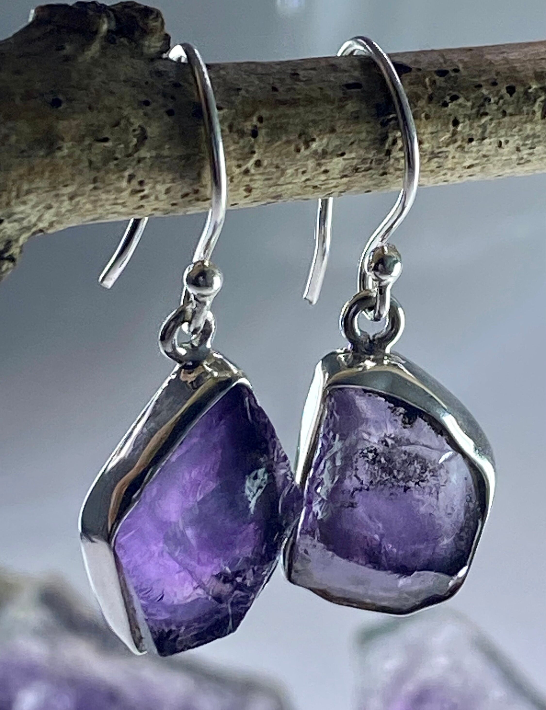 Rough Purple Amethyst and Sterling Silver Drop Earrings (UV288)