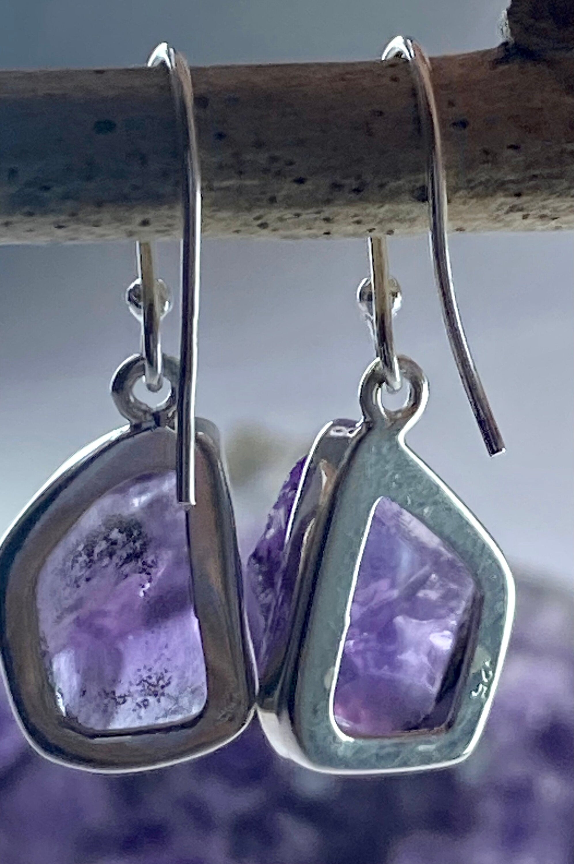 Rough Purple Amethyst and Sterling Silver Drop Earrings (UV288)