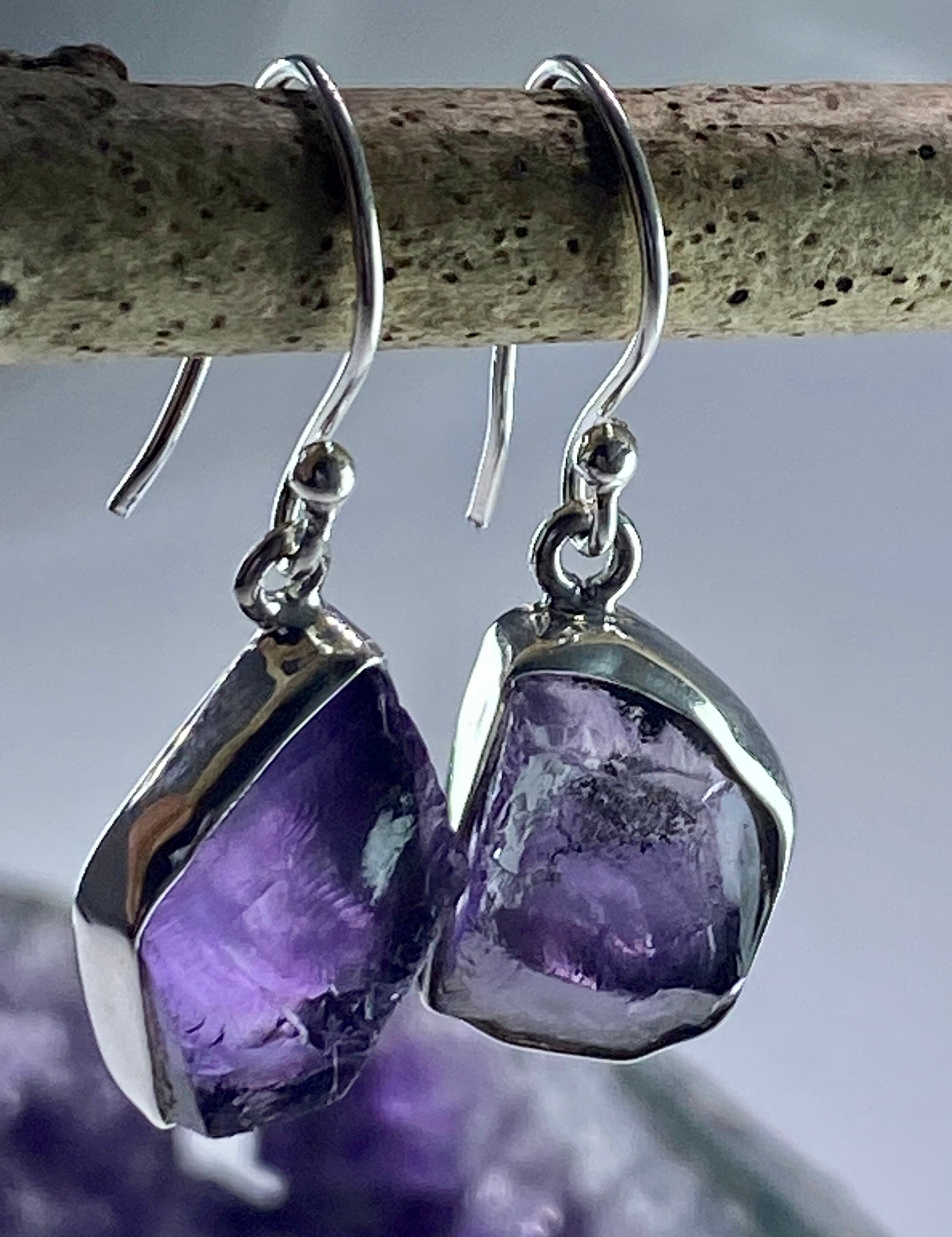 Rough Purple Amethyst and Sterling Silver Drop Earrings (UV288)