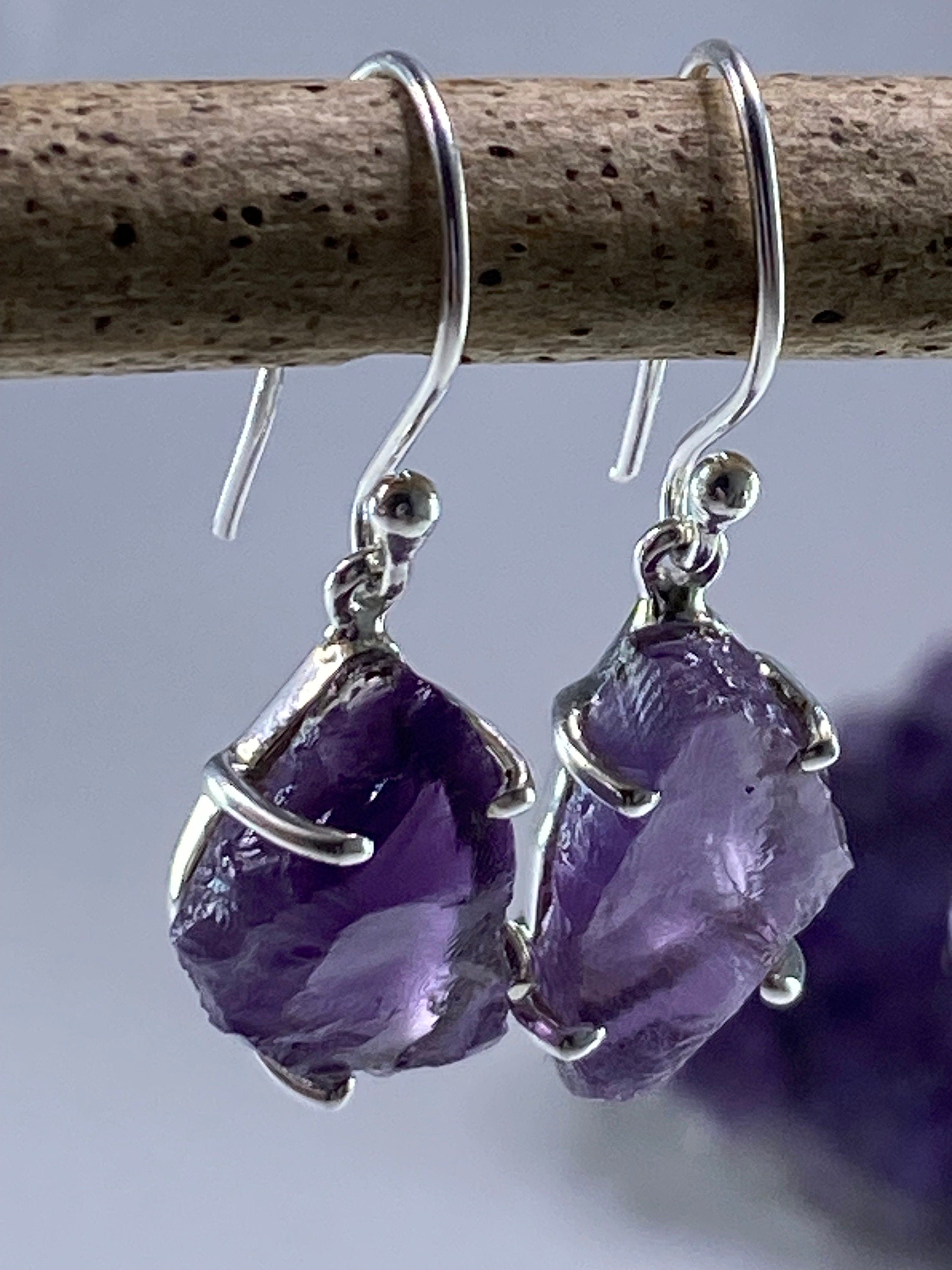 Rough Purple Amethyst and Sterling Silver Drop Earrings (UV290)