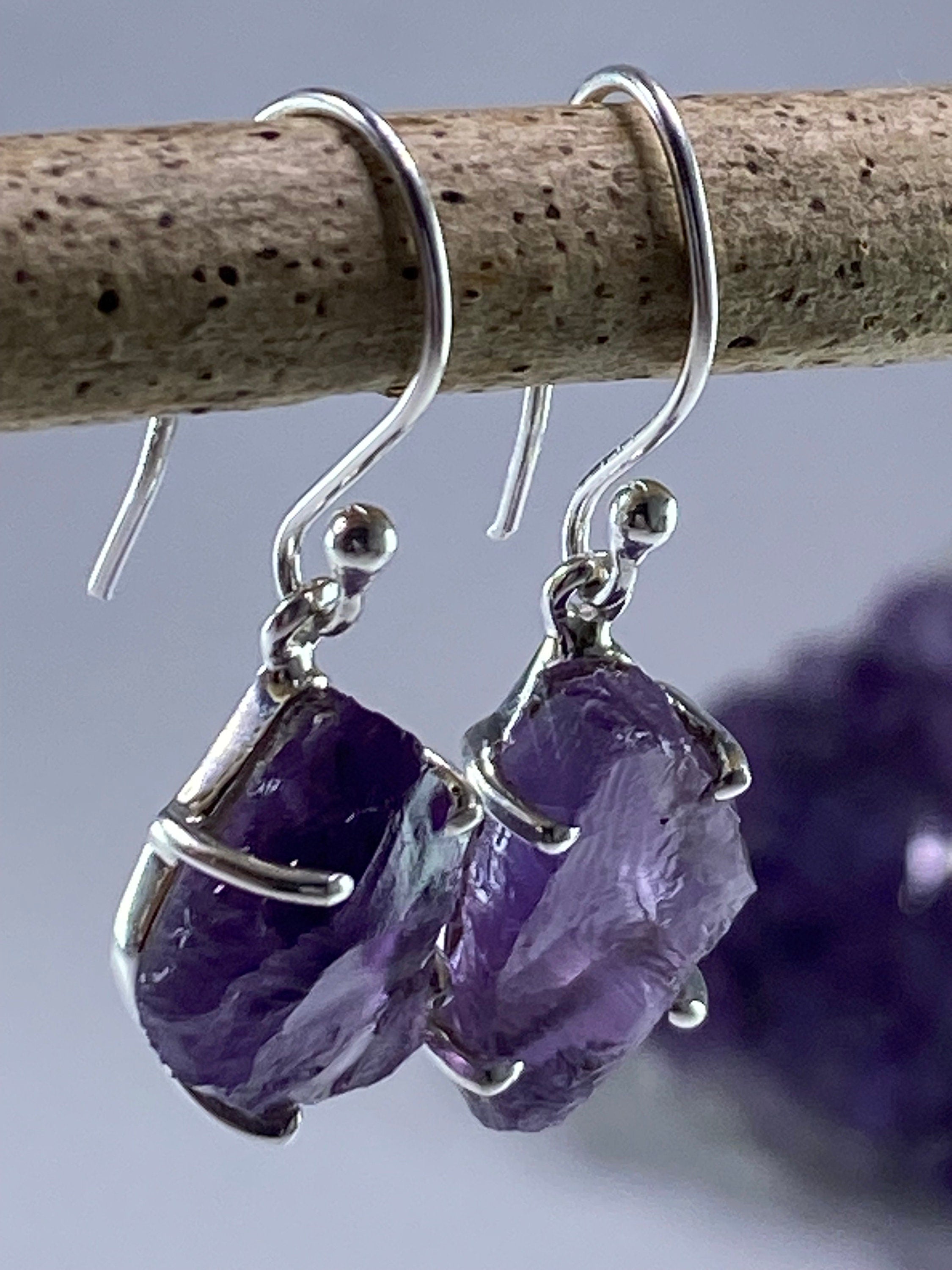 Rough Purple Amethyst and Sterling Silver Drop Earrings (UV290)