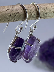 Rough Purple Amethyst and Sterling Silver Drop Earrings (UV290)