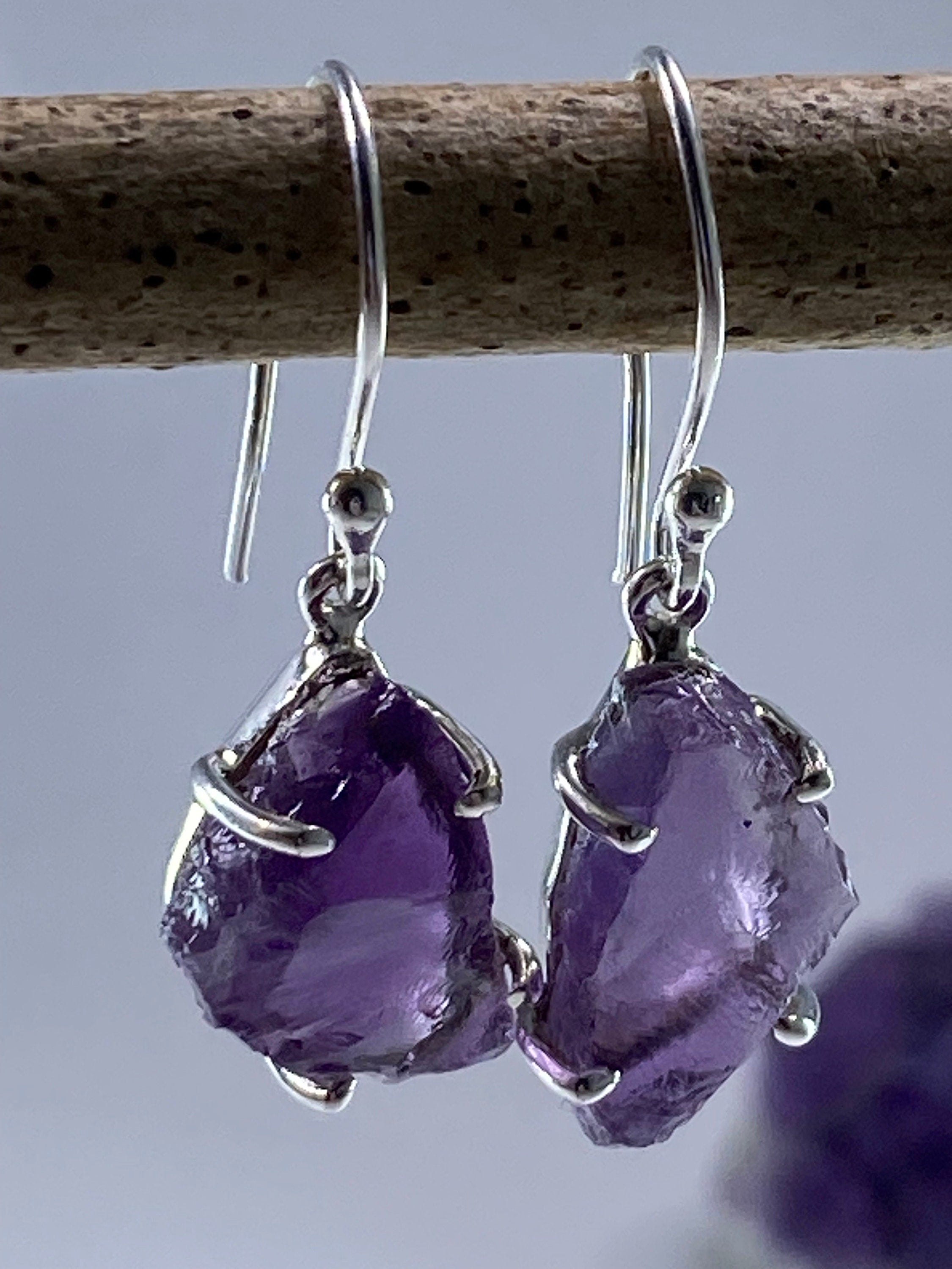 Rough Purple Amethyst and Sterling Silver Drop Earrings (UV290)