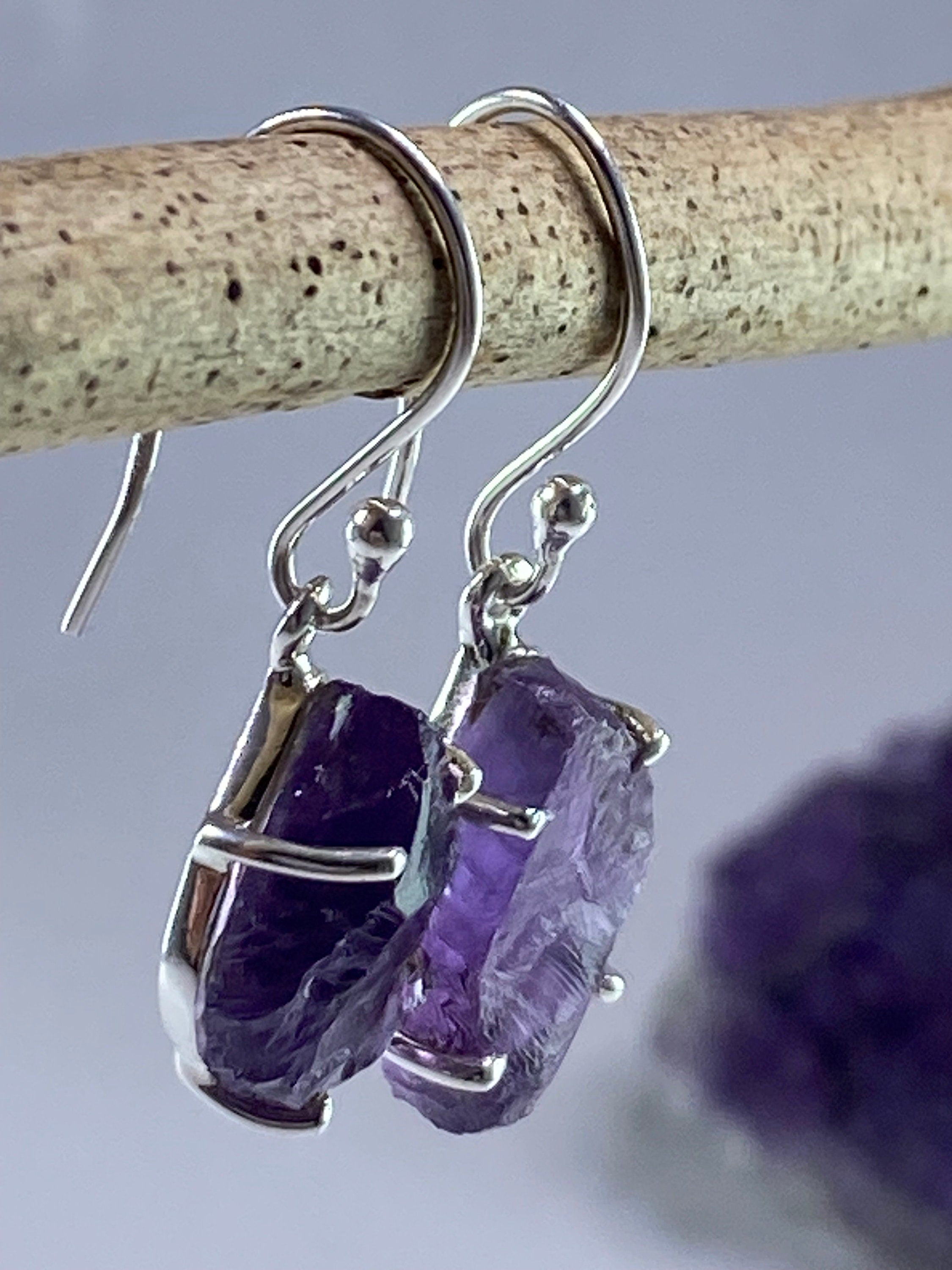 Rough Purple Amethyst and Sterling Silver Drop Earrings (UV290)