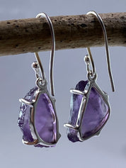 Rough Purple Amethyst and Sterling Silver Drop Earrings (UV290)