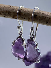 Rough Purple Amethyst and Sterling Silver Drop Earrings (UV290)