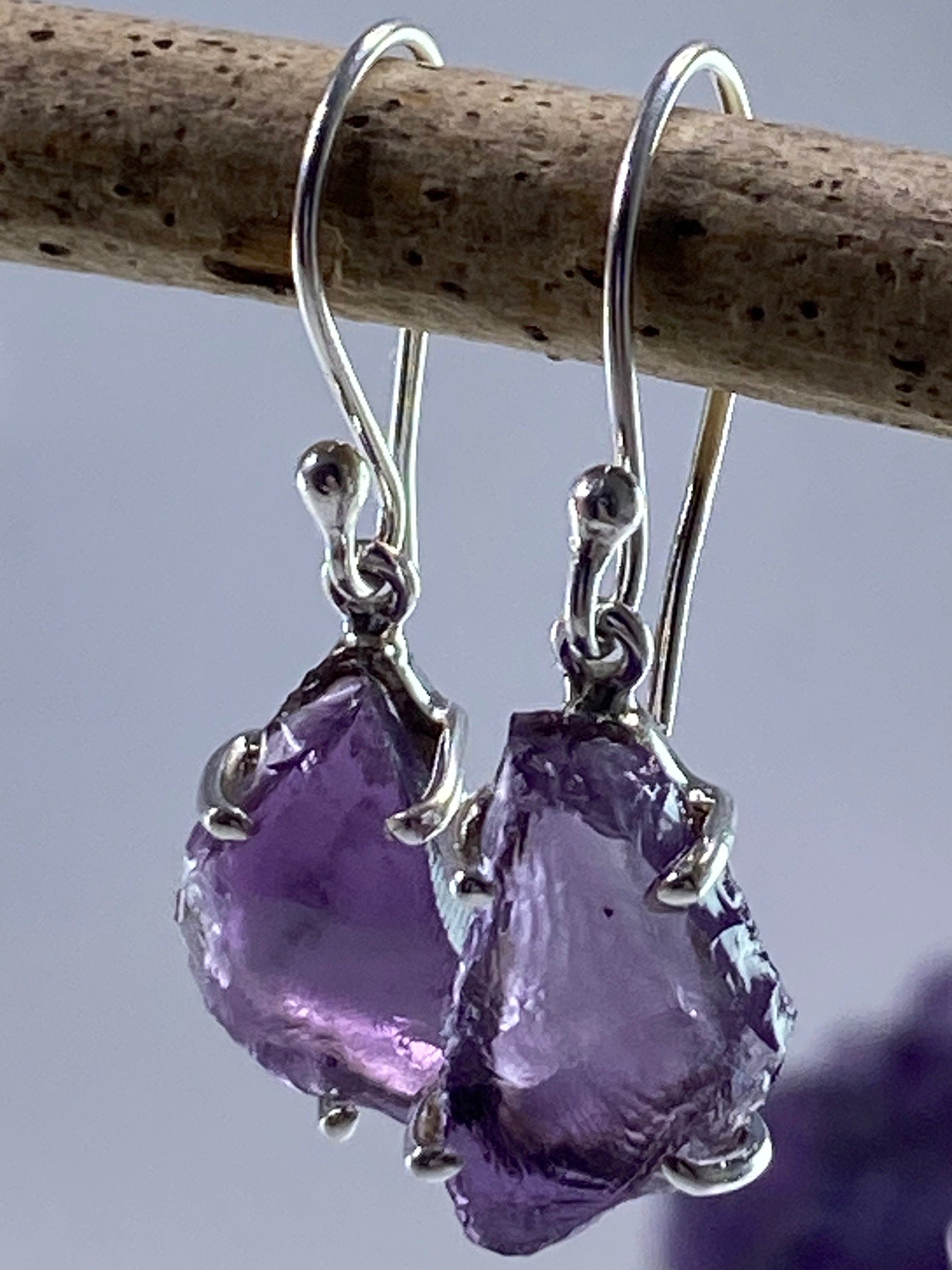 Rough Purple Amethyst and Sterling Silver Drop Earrings (UV290)