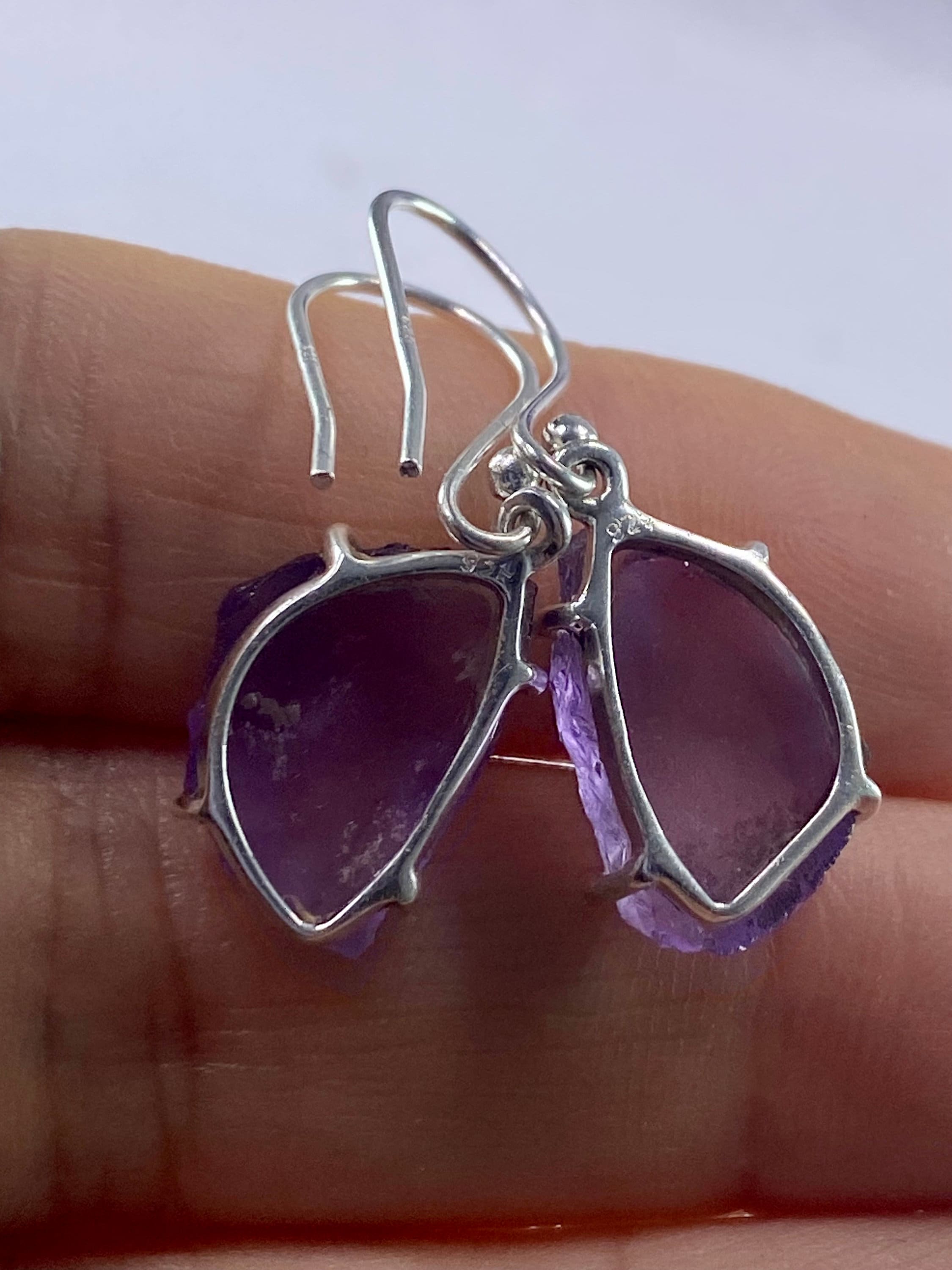 Rough Purple Amethyst and Sterling Silver Drop Earrings (UV292)