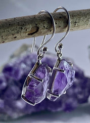 Rough Purple Amethyst and Sterling Silver Drop Earrings (UV292)