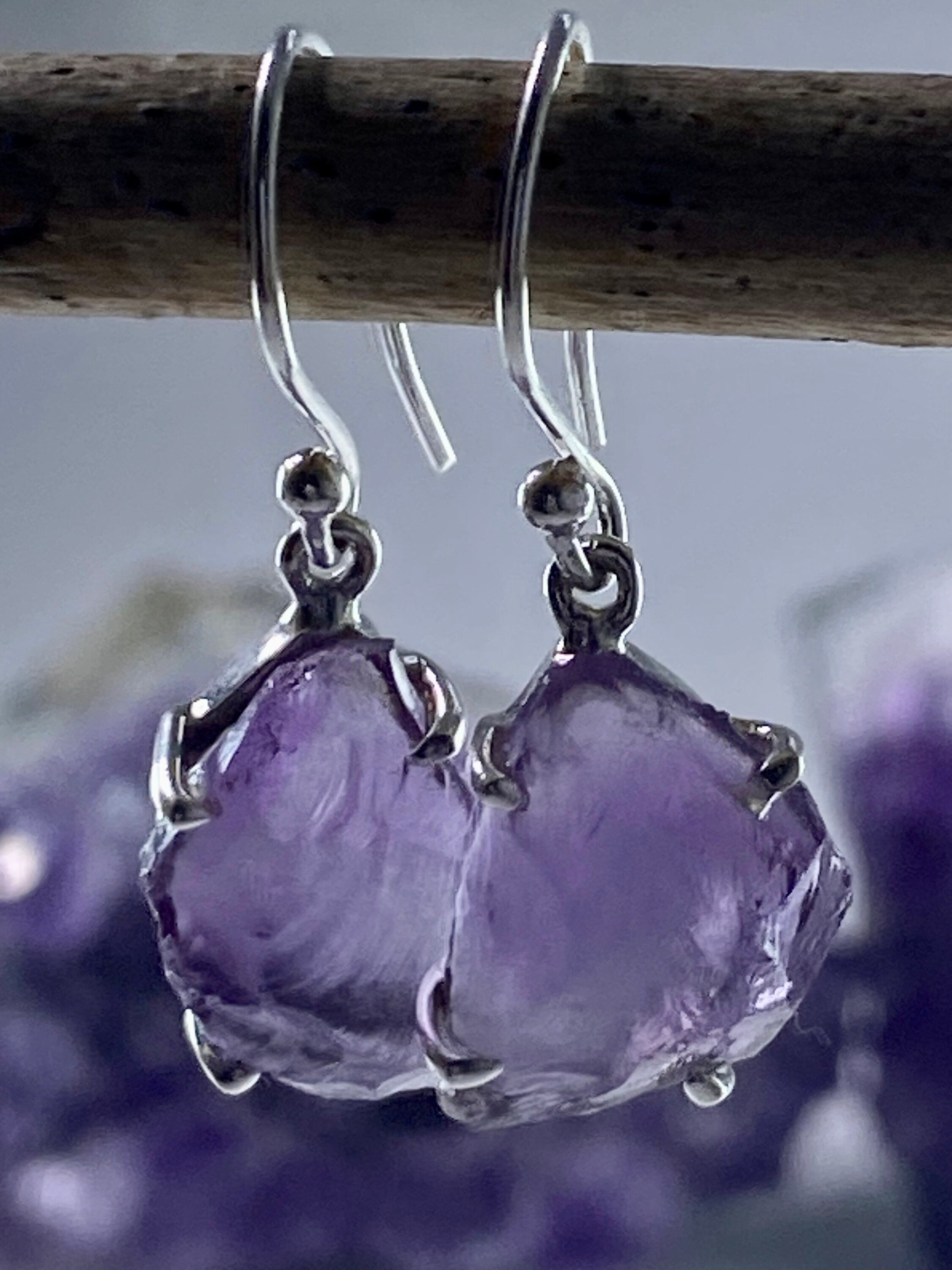 Rough Purple Amethyst and Sterling Silver Drop Earrings (UV292)