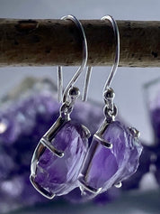 Rough Purple Amethyst and Sterling Silver Drop Earrings (UV292)