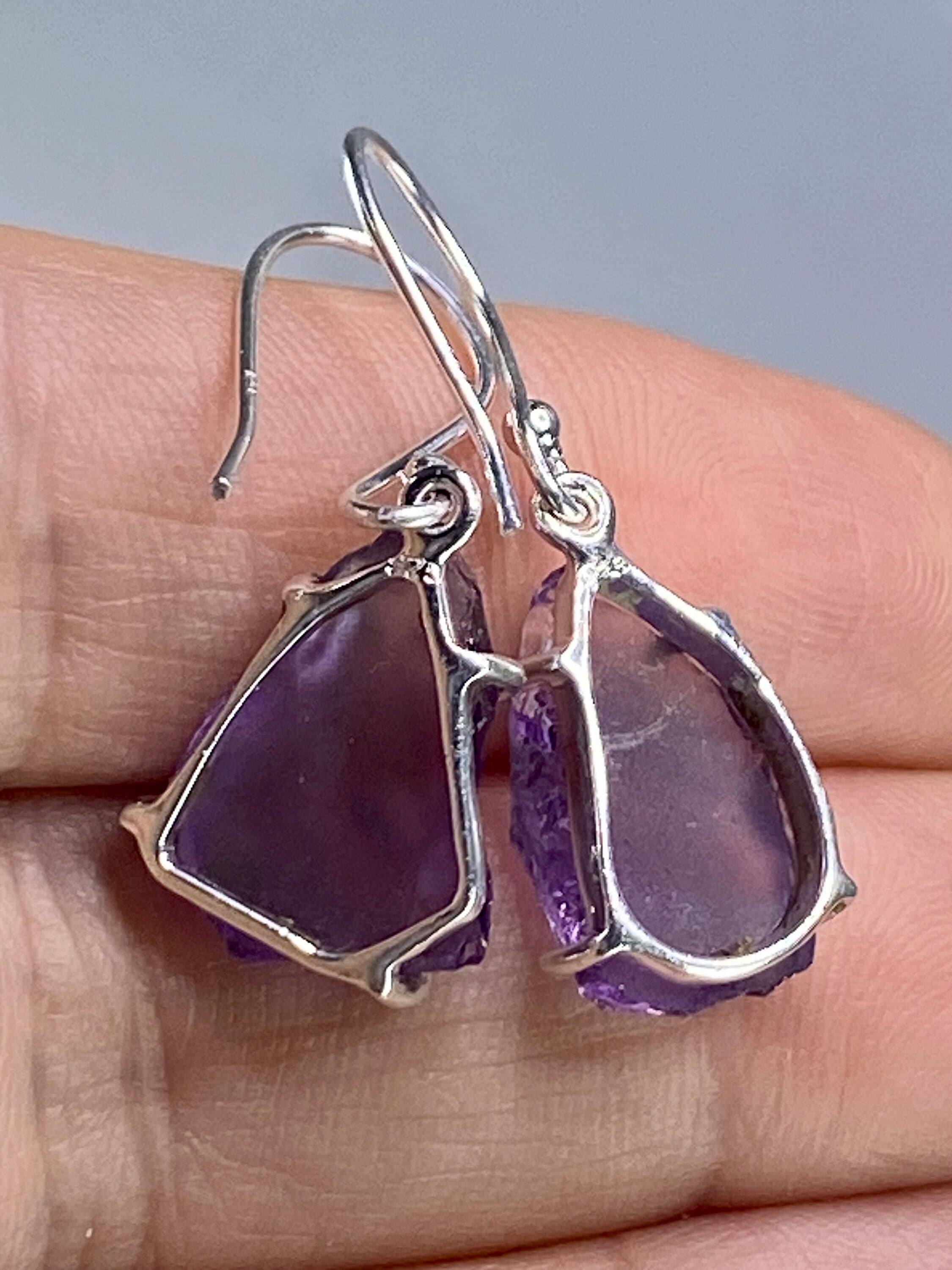 Rough Purple Amethyst and Sterling Silver Drop Earrings (UV288)