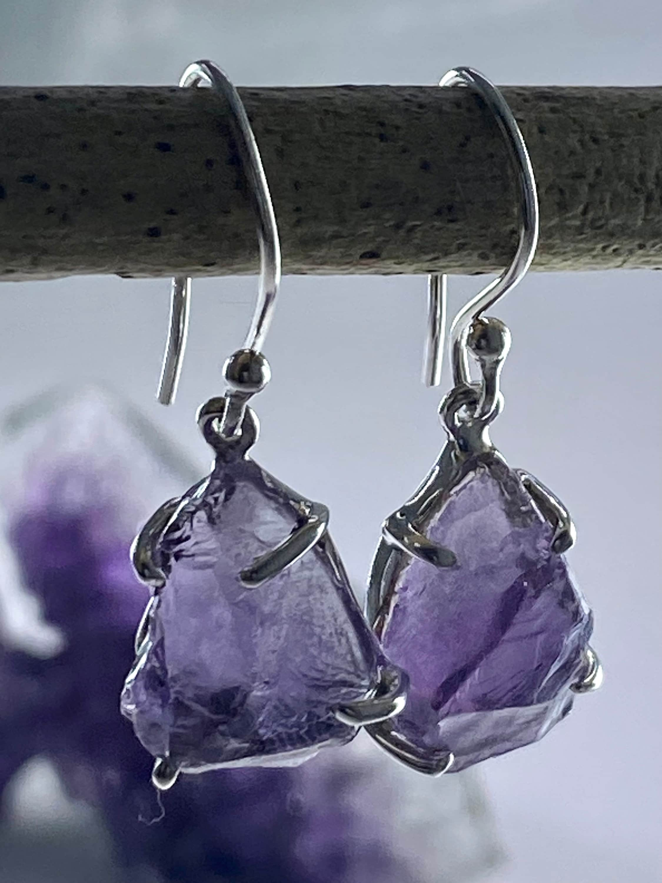 Rough Purple Amethyst and Sterling Silver Drop Earrings (UV288)