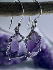 Rough Purple Amethyst and Sterling Silver Drop Earrings (UV288)