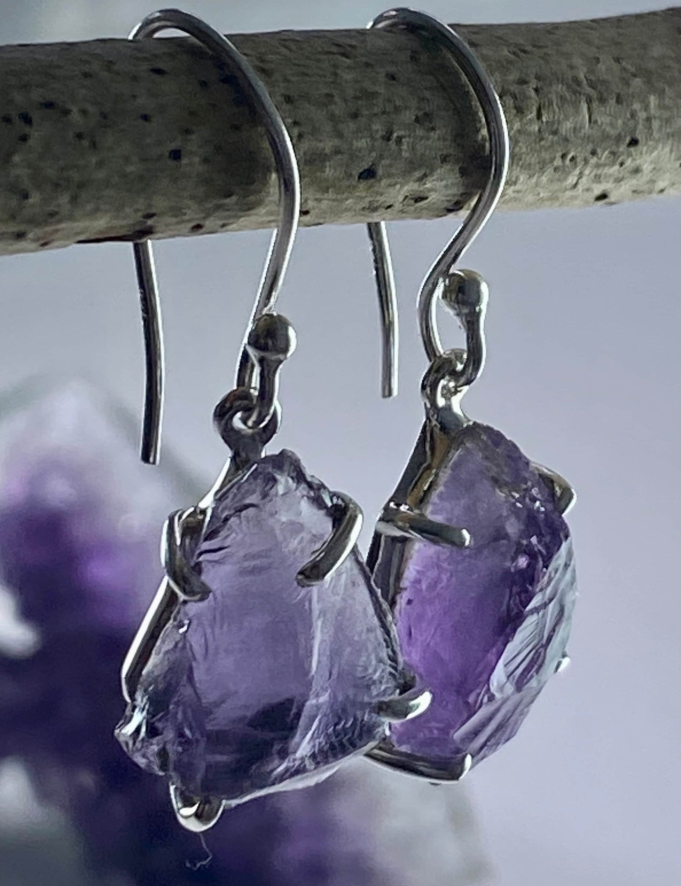 Rough Purple Amethyst and Sterling Silver Drop Earrings (UV288)