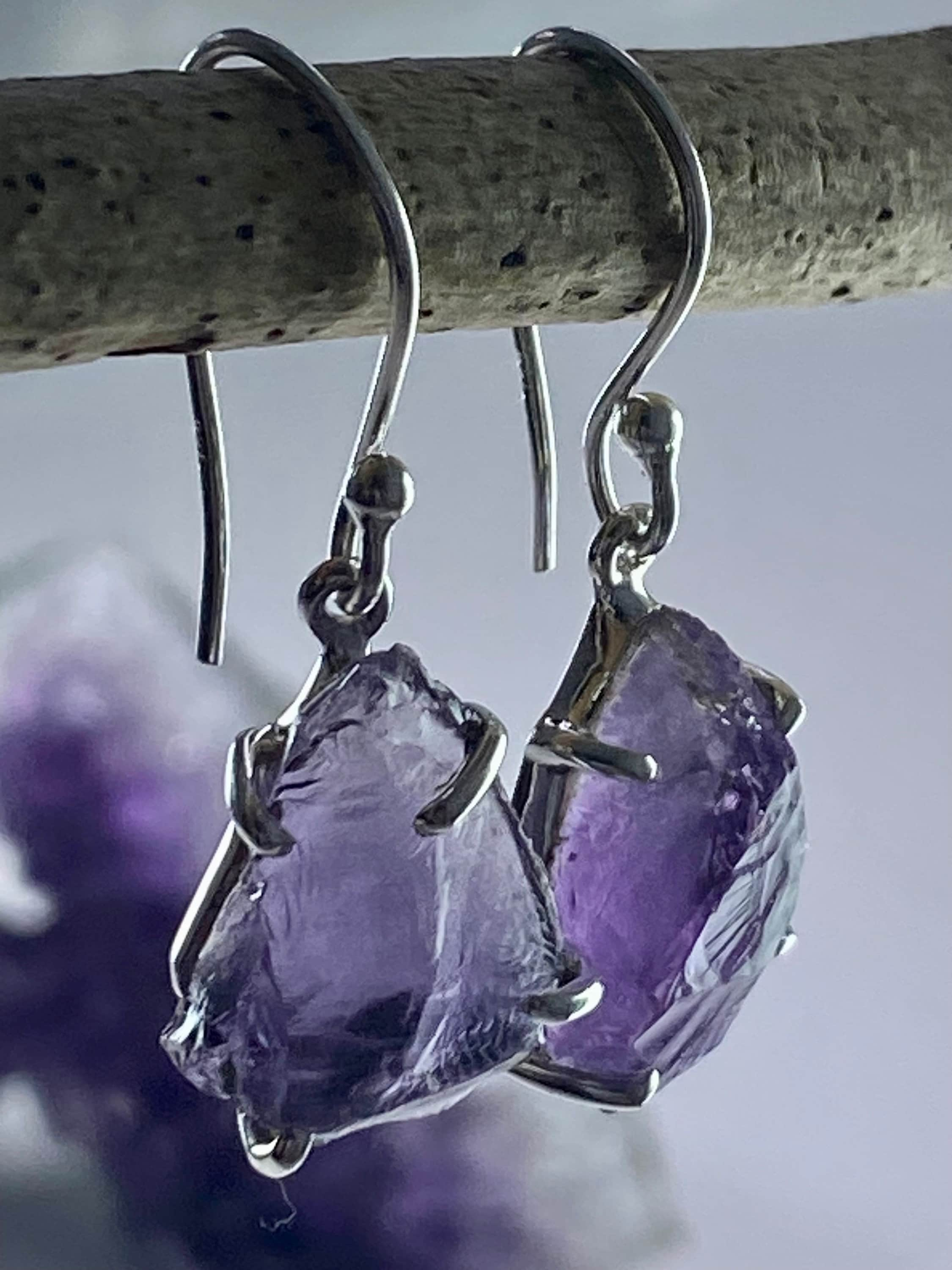 Rough Purple Amethyst and Sterling Silver Drop Earrings (UV288)