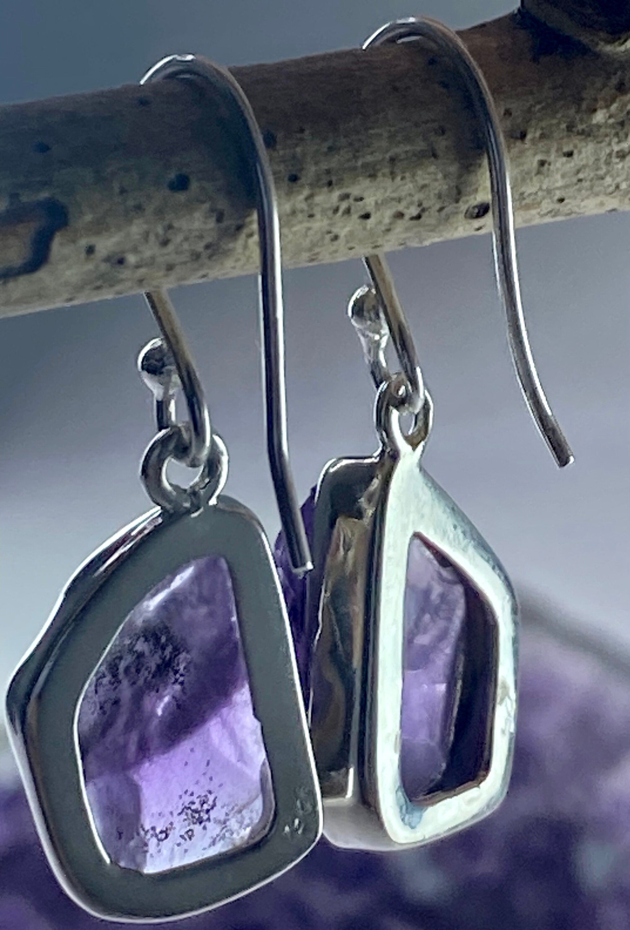 Rough Purple Amethyst and Sterling Silver Drop Earrings (UV288)