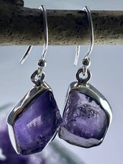 Rough Purple Amethyst and Sterling Silver Drop Earrings (UV288)