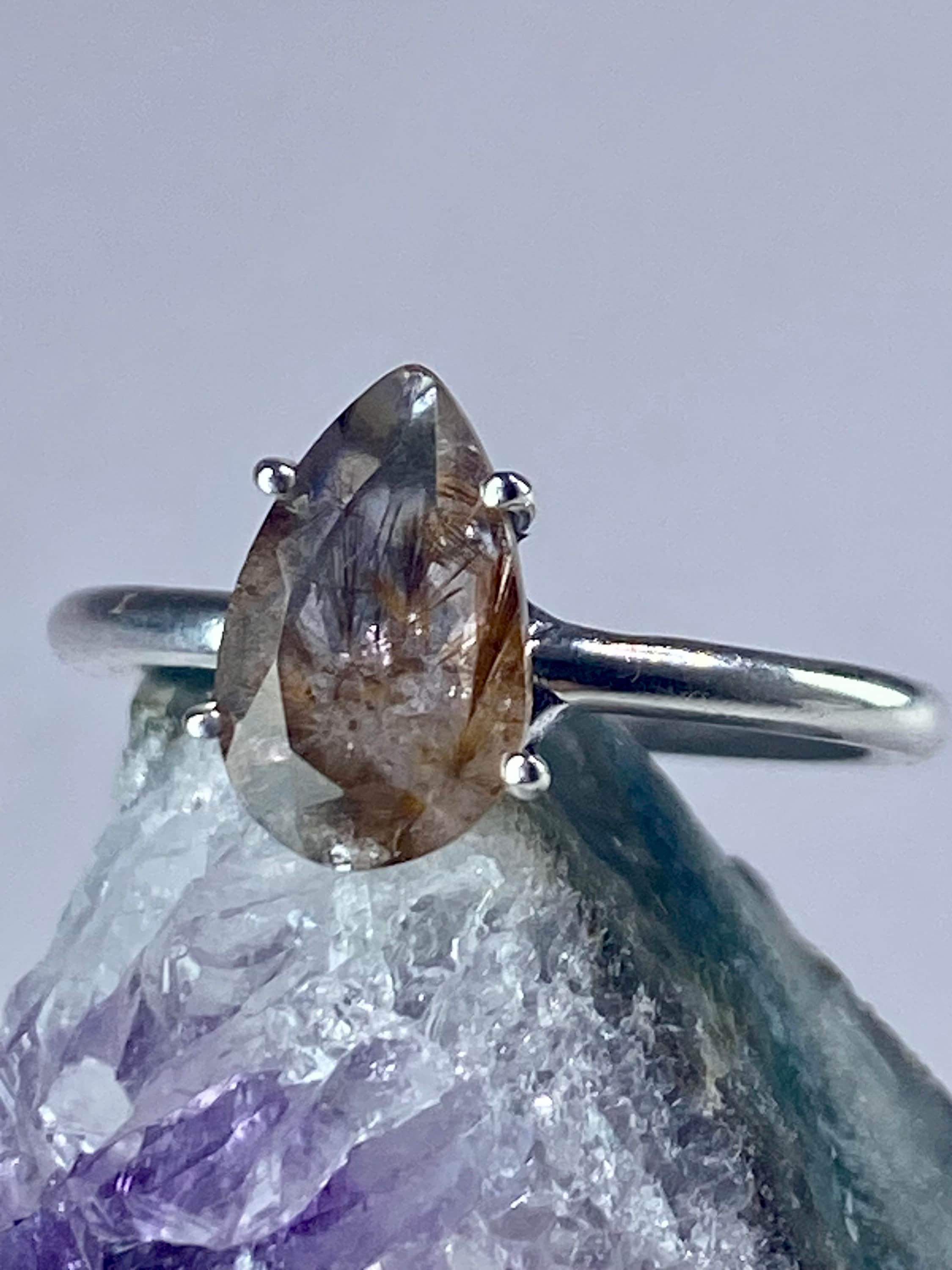 High Quality Cacoxenite in Purple Amethyst and Silver Ring